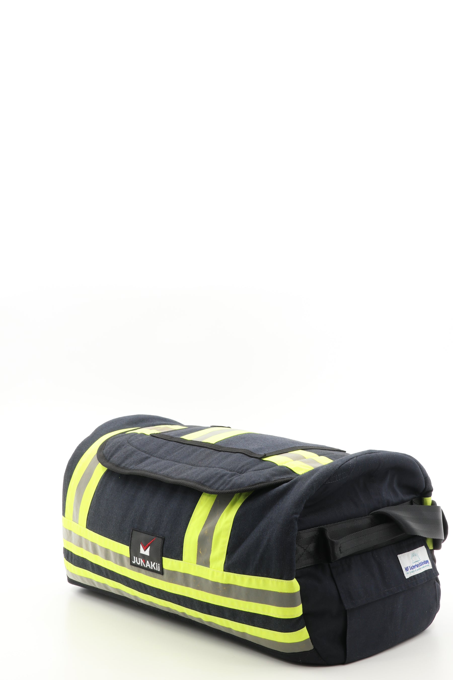 Duffel Bag schwarz gelb aus upgecycelter Feuerwehrkleidung 52x20x31cm