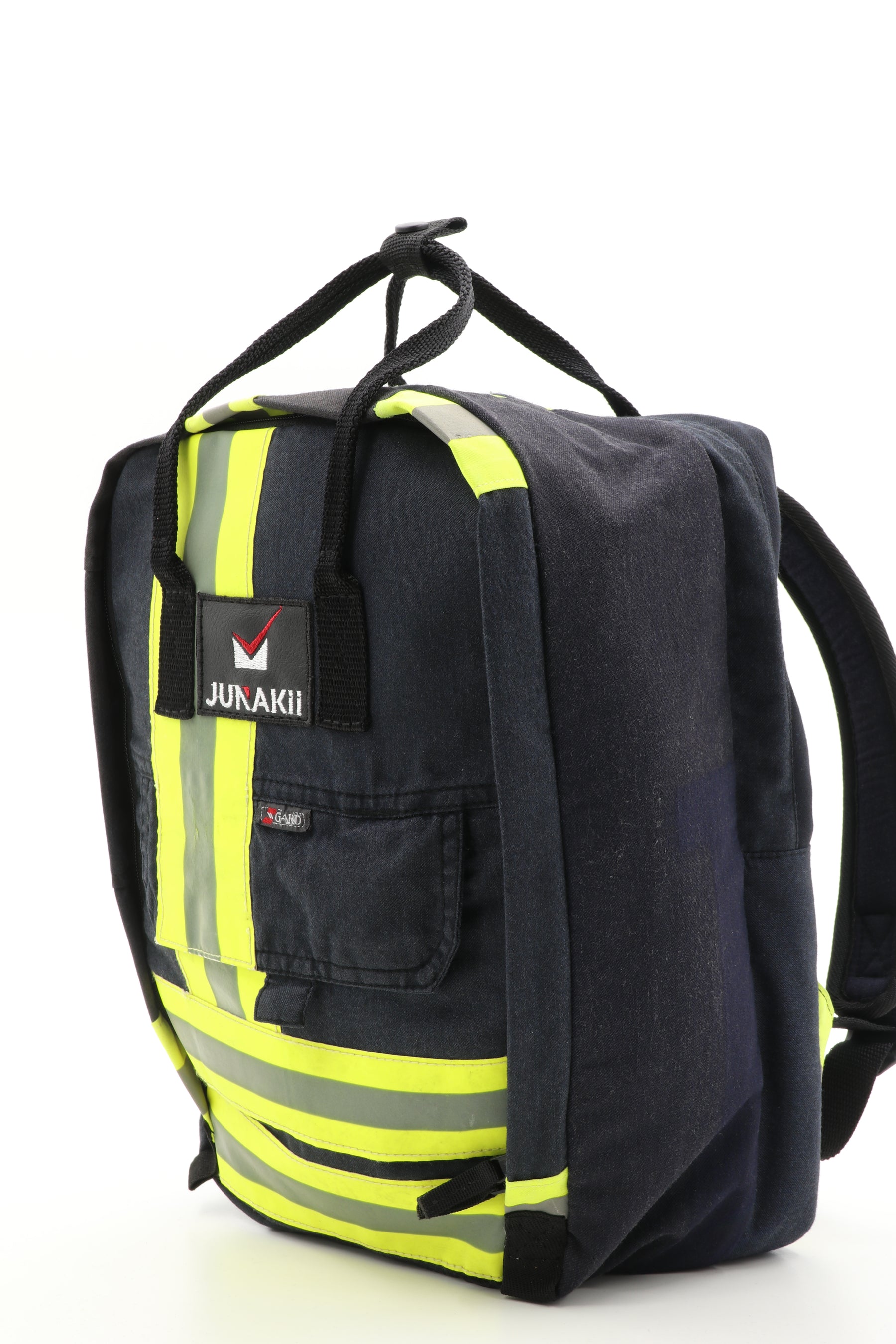 Laptop Rucksack schwarz gelb aus upgecycelter Feuerwehrkleidung 38x27x13cm