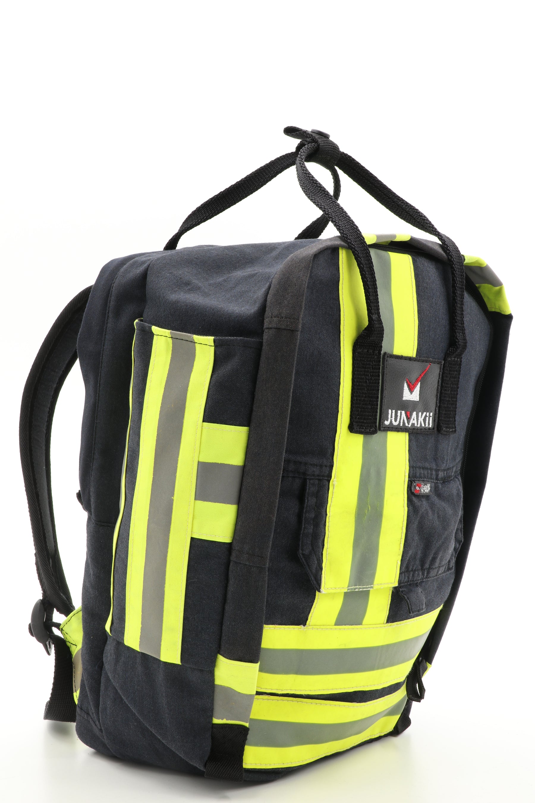 Laptop Rucksack schwarz gelb aus upgecycelter Feuerwehrkleidung 38x27x13cm
