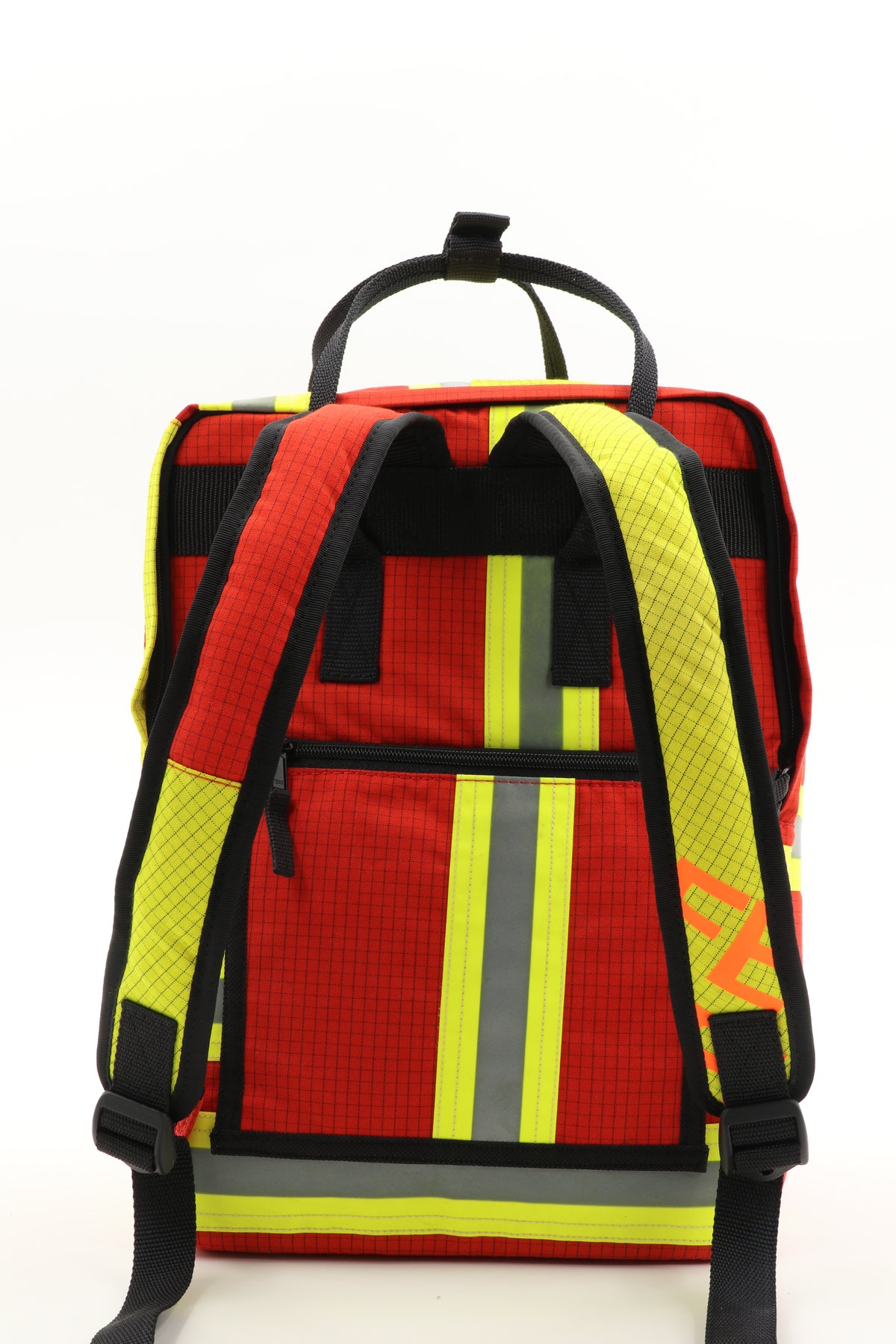 Laptop Rucksack rot gelb aus upgecycelter Feuerwehrkleidung 38x27x13cm