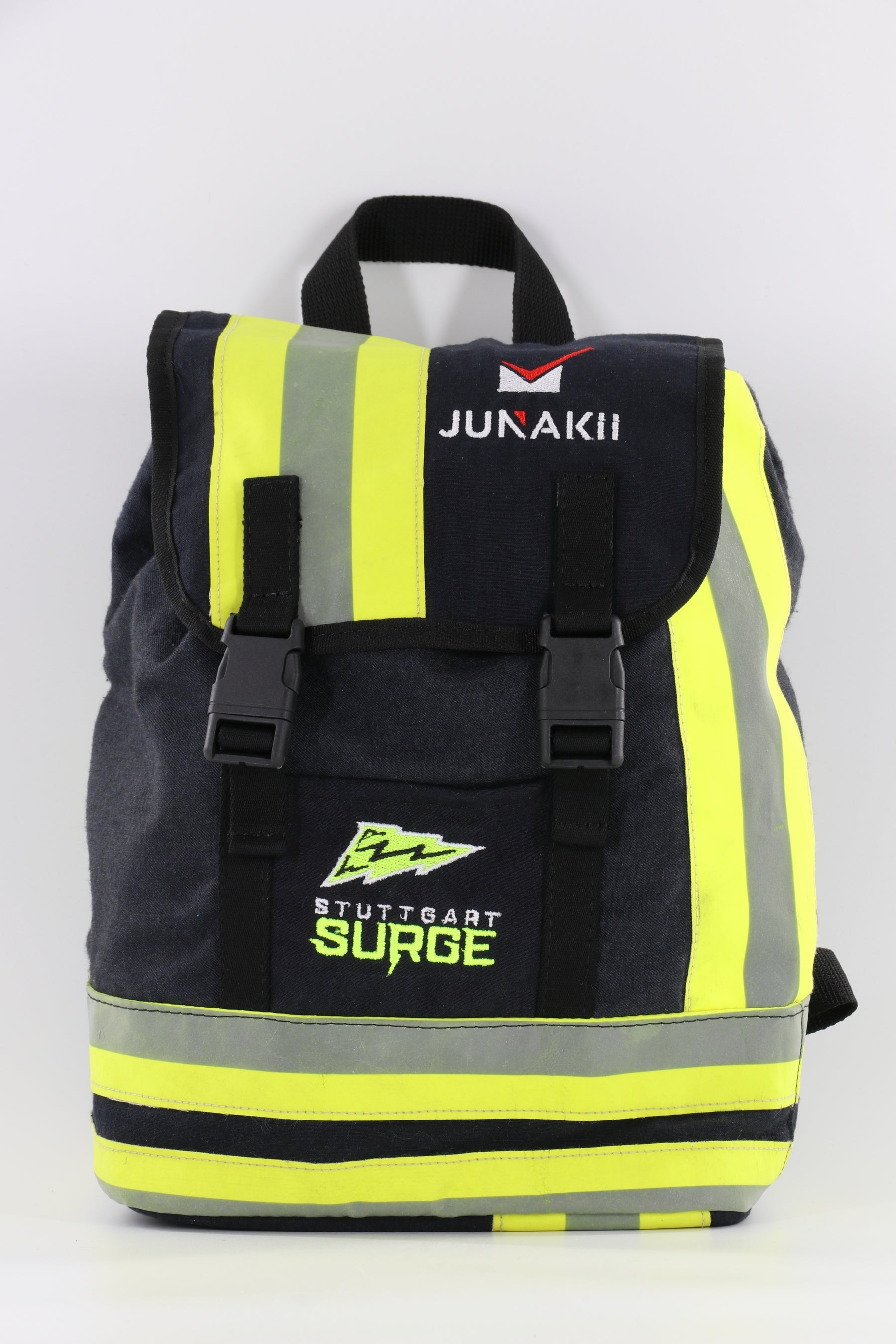 Mini Rucksack Klassik schwarz gelb aus upgecycelter Feuerwehrkleidung 23x32x10cm