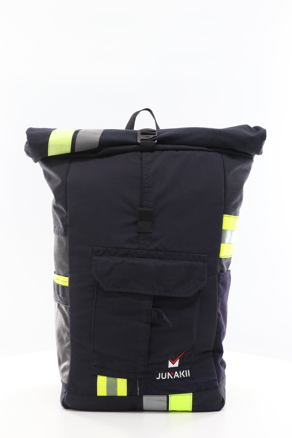 Rolltop Rucksack schwarz gelb aus upgecycelter Feuerwehrkleidung 63x27x17cm