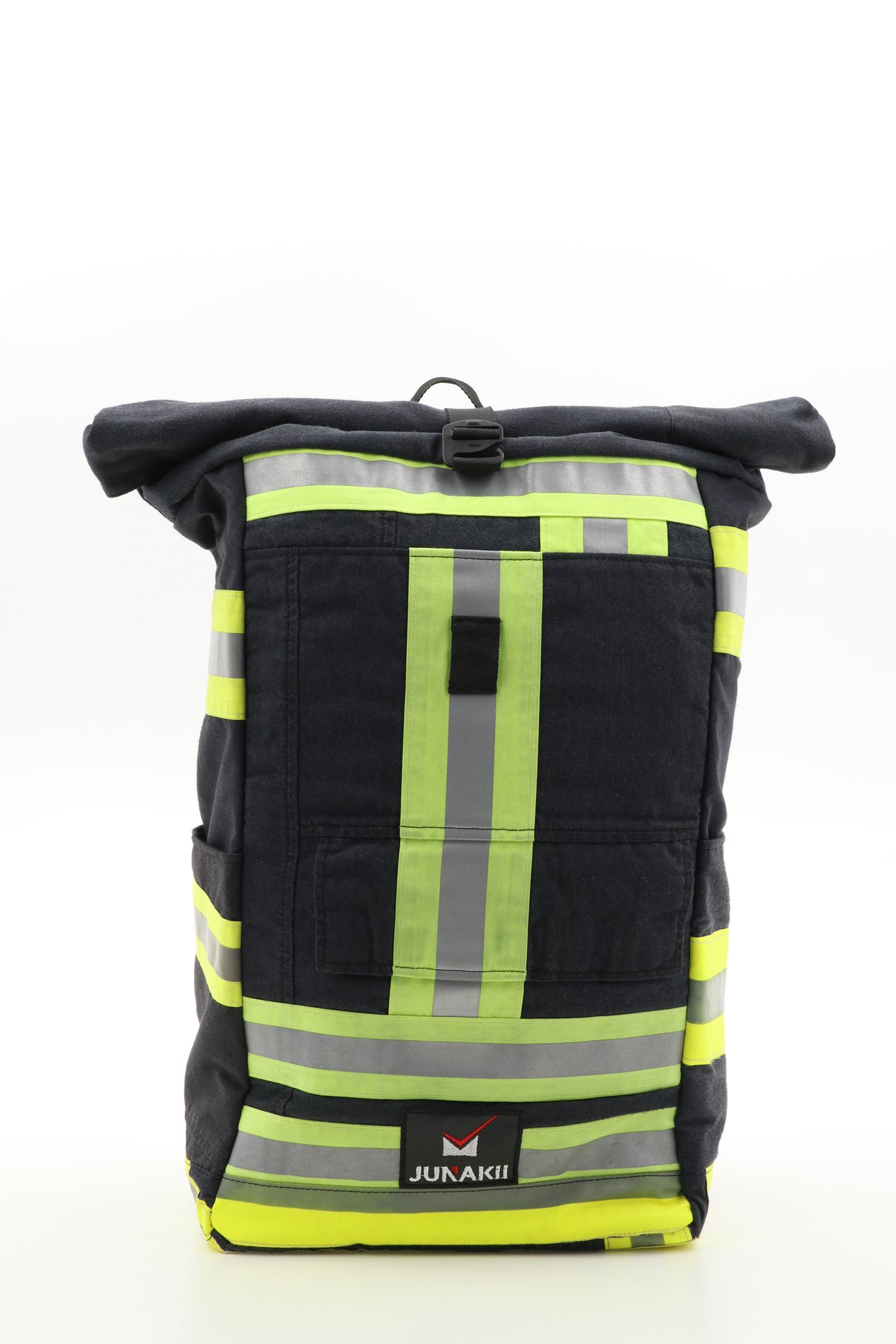 Rolltop Rucksack schwarz gelb aus upgecycelter Feuerwehrkleidung 63x27x17cm