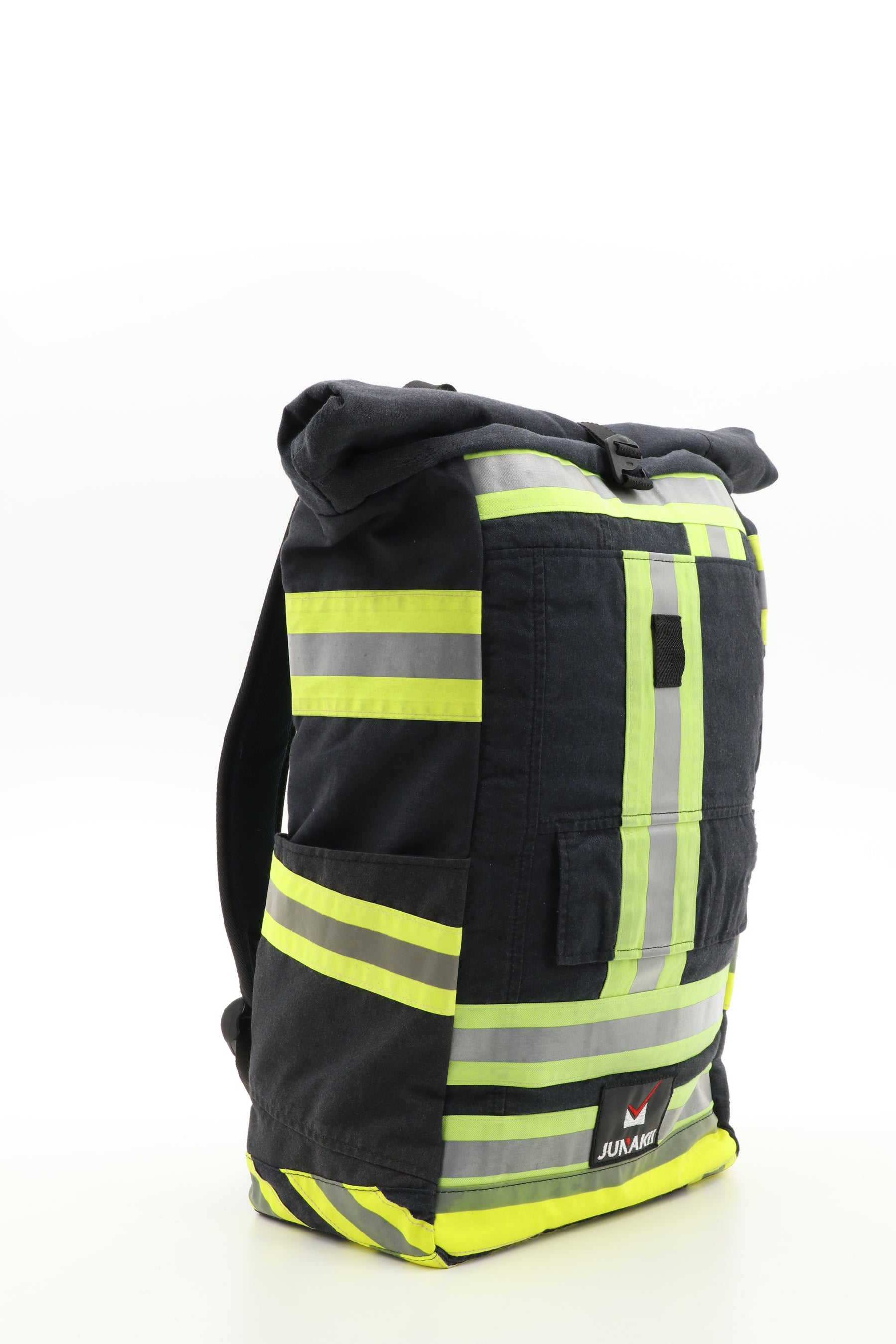 Rolltop Rucksack schwarz gelb aus upgecycelter Feuerwehrkleidung 63x27x17cm