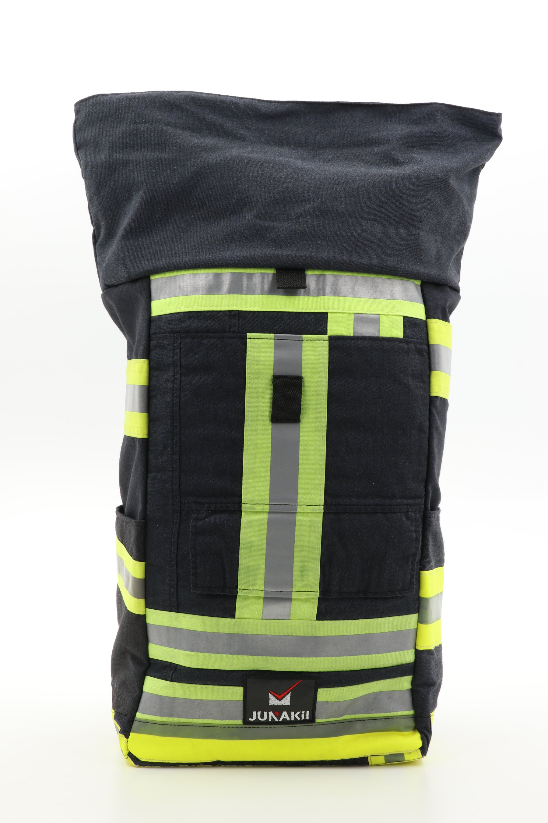 Rolltop Rucksack schwarz gelb aus upgecycelter Feuerwehrkleidung 63x27x17cm