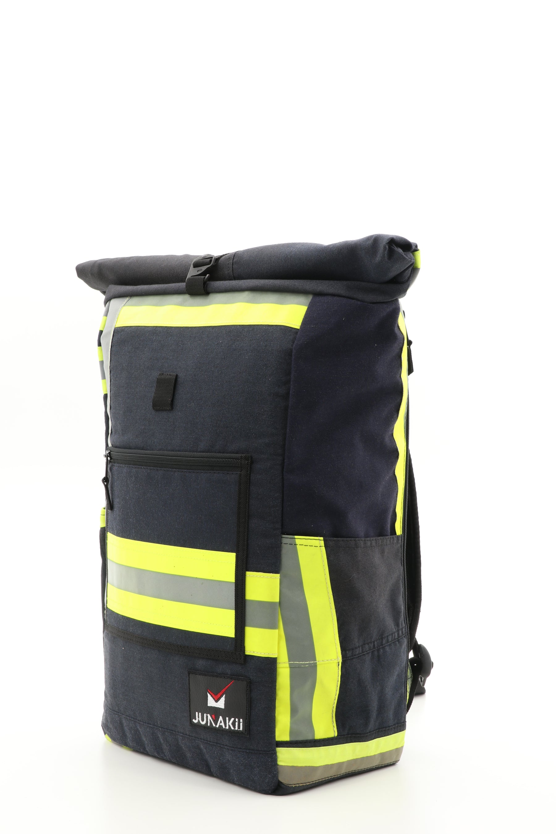 Rolltop Rucksack schwarz gelb aus upgecycelter Feuerwehrkleidung 63x27x17cm