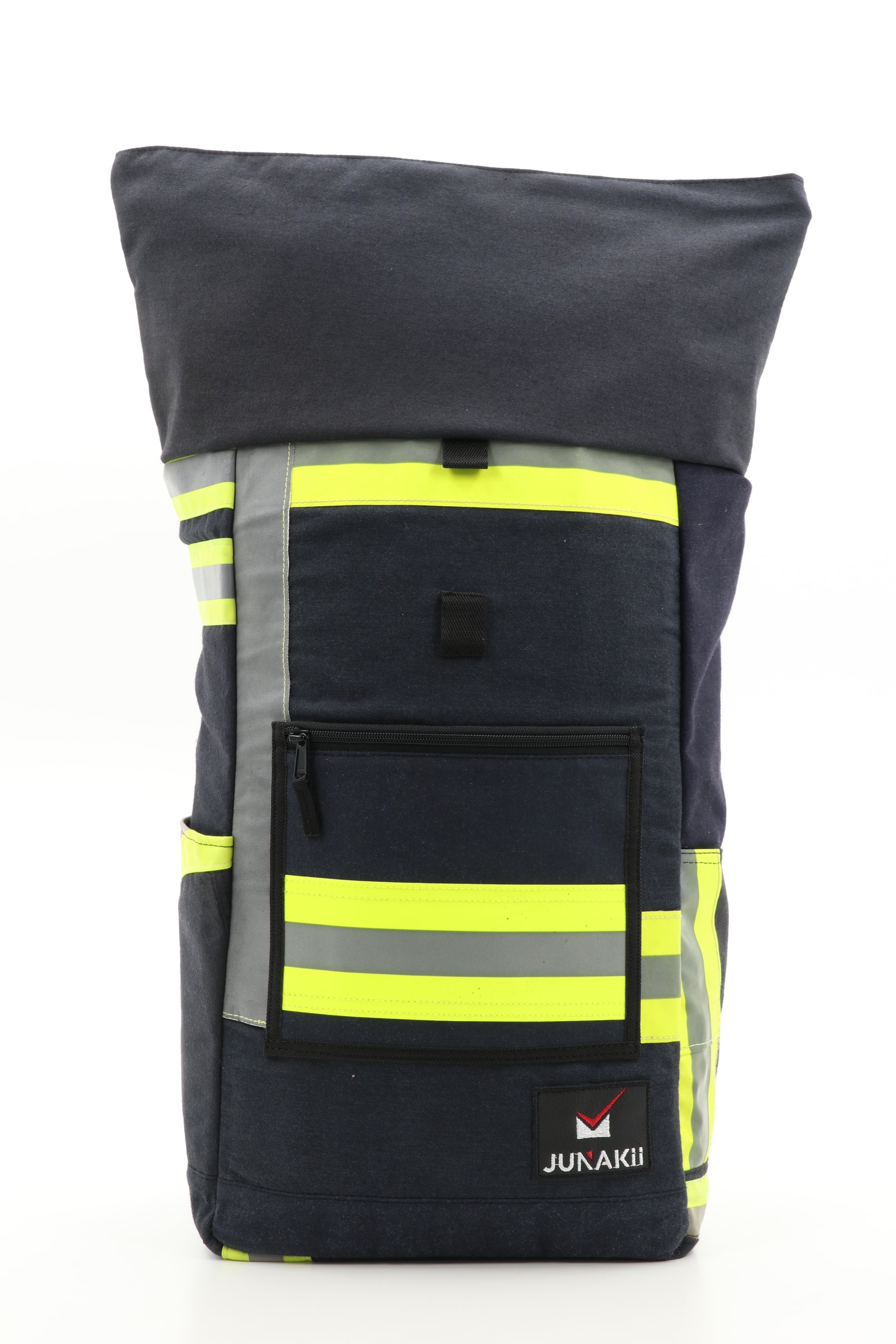 Rolltop Rucksack schwarz gelb aus upgecycelter Feuerwehrkleidung 63x27x17cm
