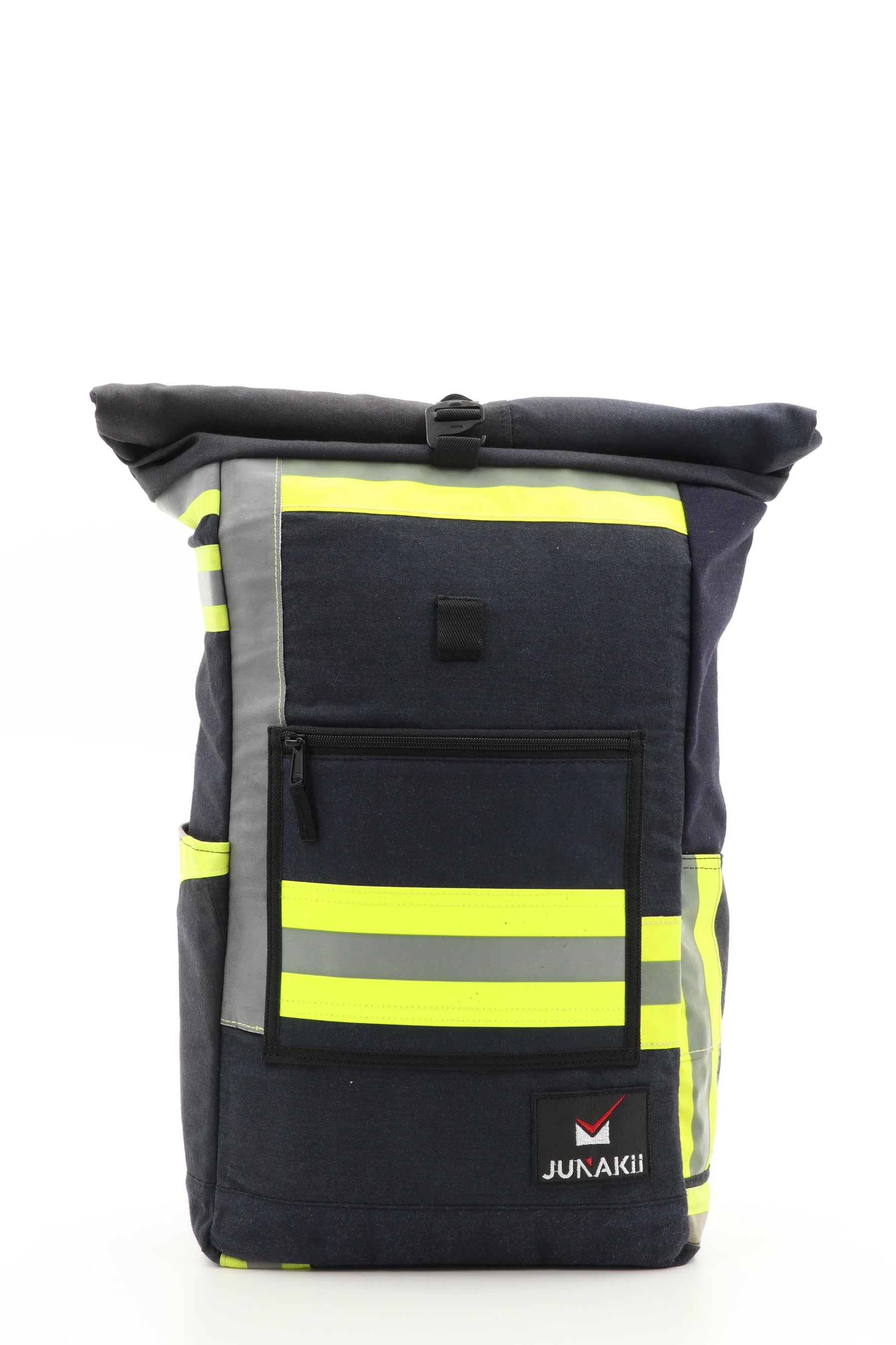 Rolltop Rucksack schwarz gelb aus upgecycelter Feuerwehrkleidung 63x27x17cm