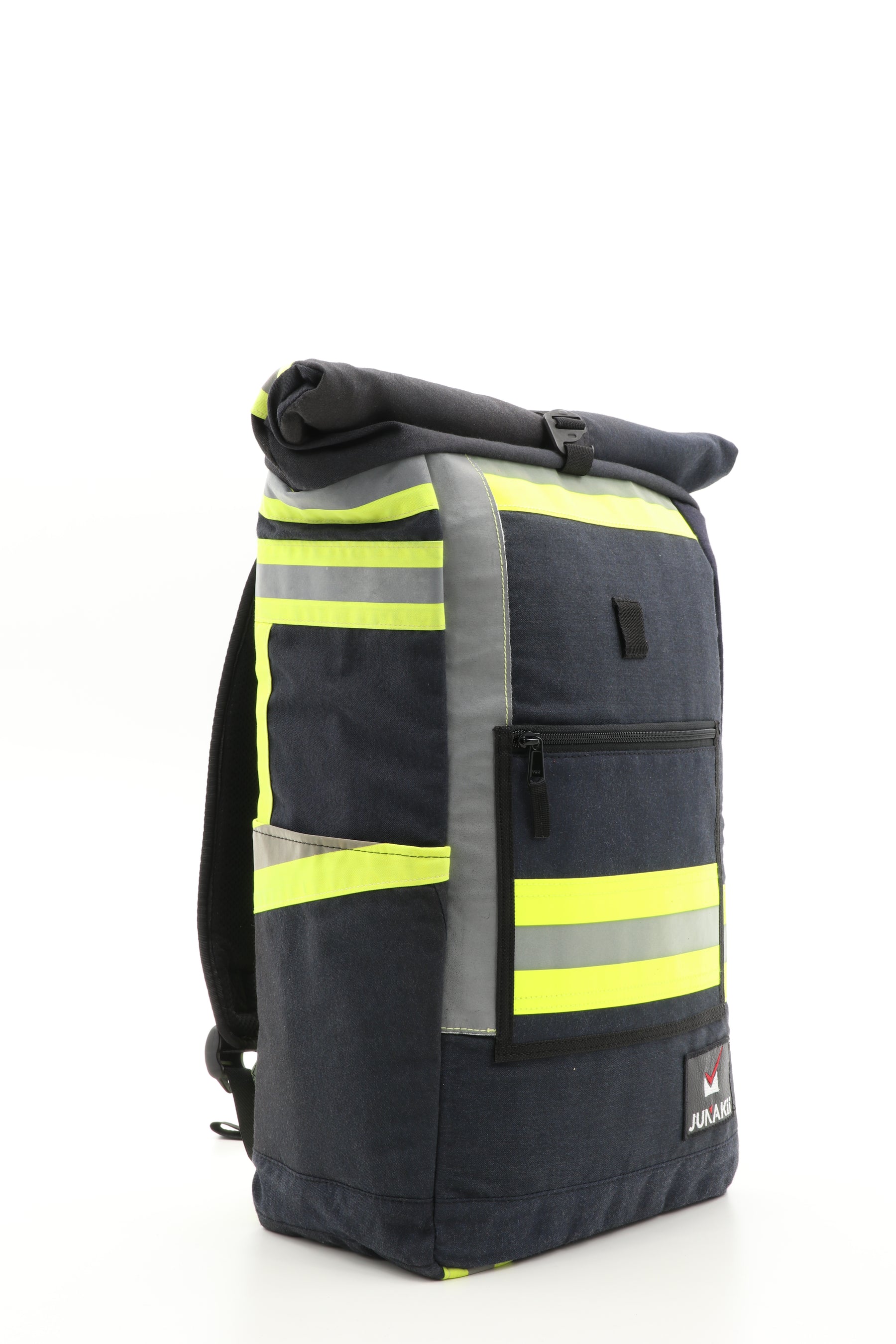 Rolltop Rucksack schwarz gelb aus upgecycelter Feuerwehrkleidung 63x27x17cm