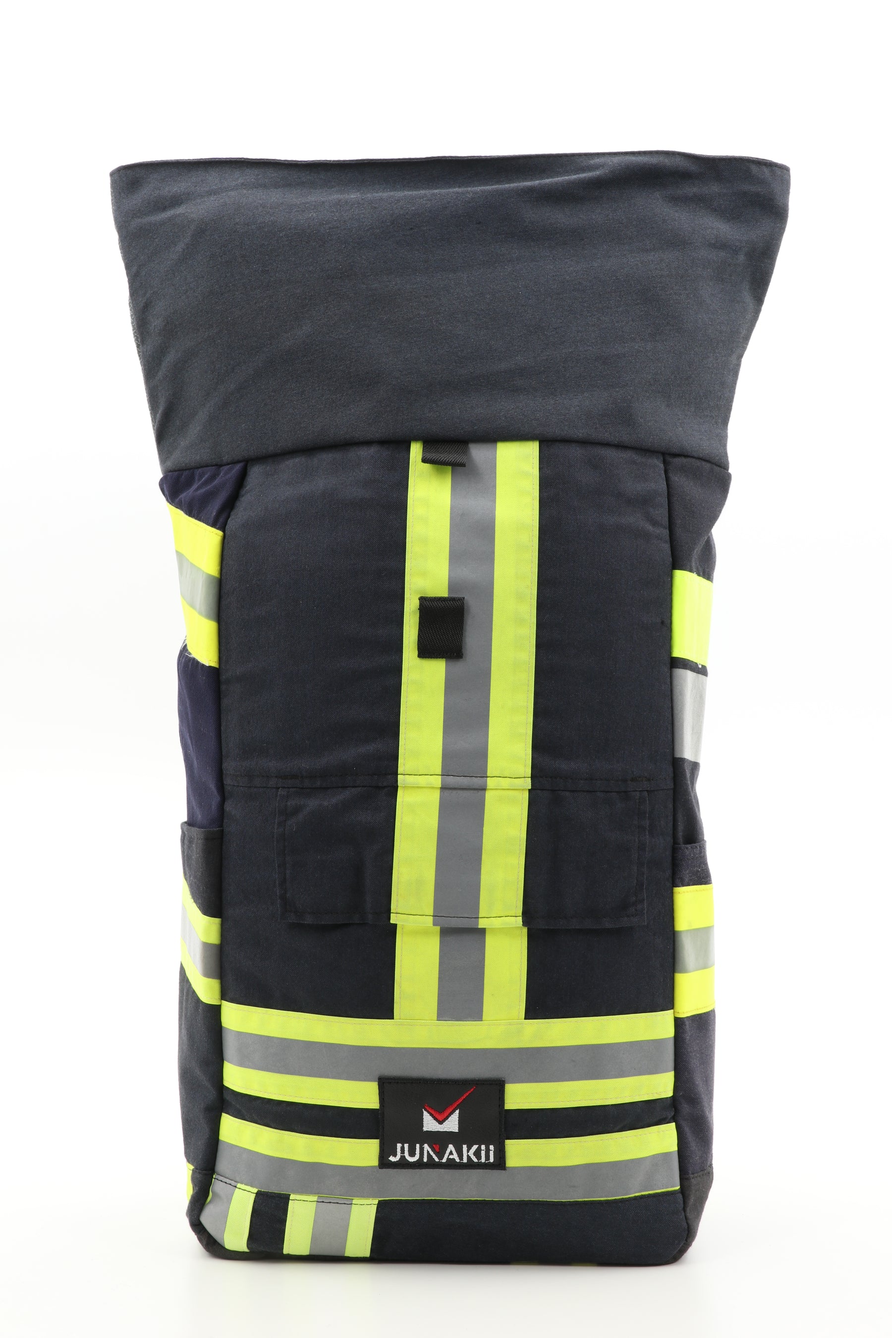 Rolltop Rucksack schwarz gelb aus upgecycelter Feuerwehrkleidung 63x27x17cm