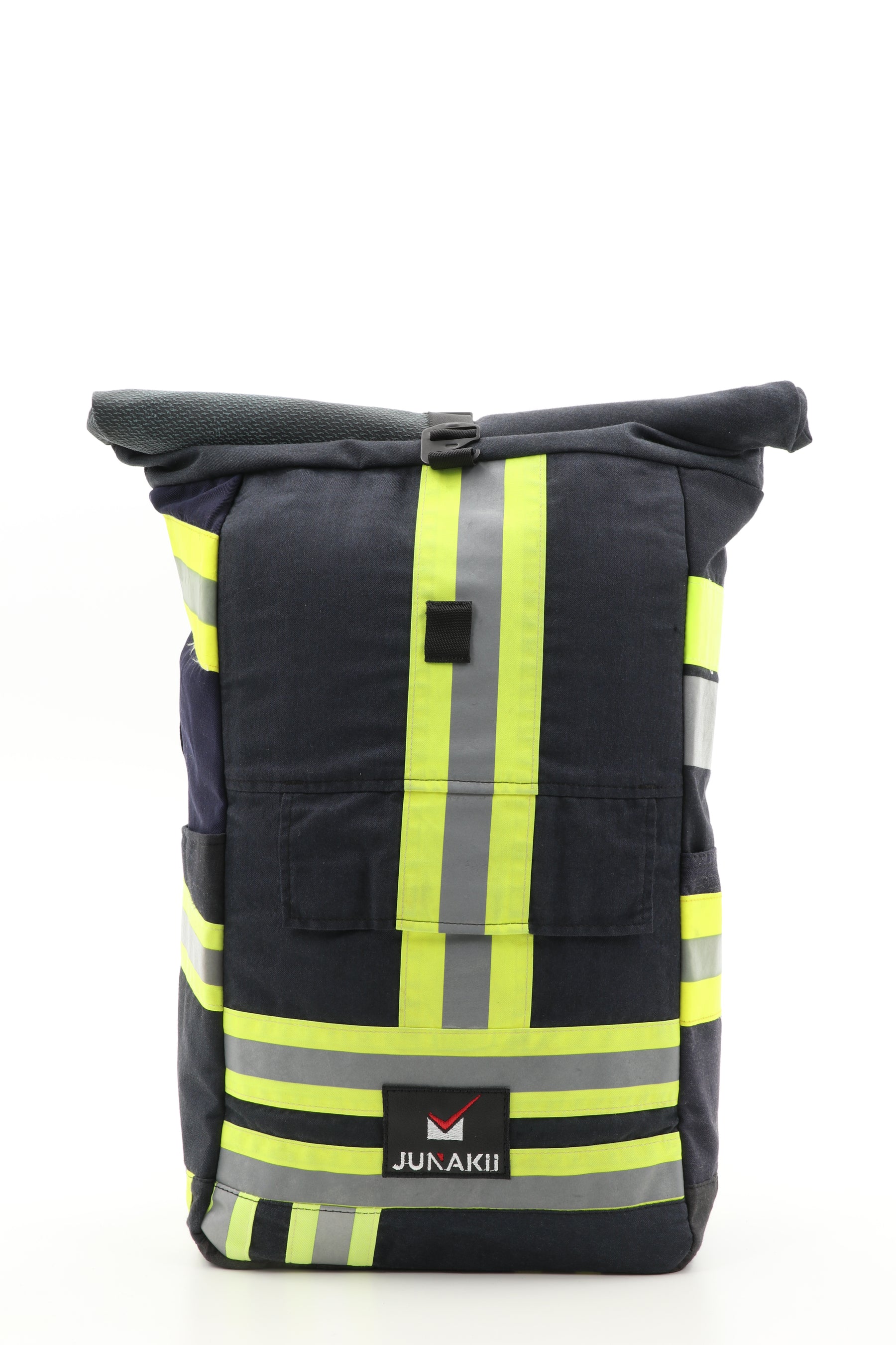 Rolltop Rucksack schwarz gelb aus upgecycelter Feuerwehrkleidung 63x27x17cm
