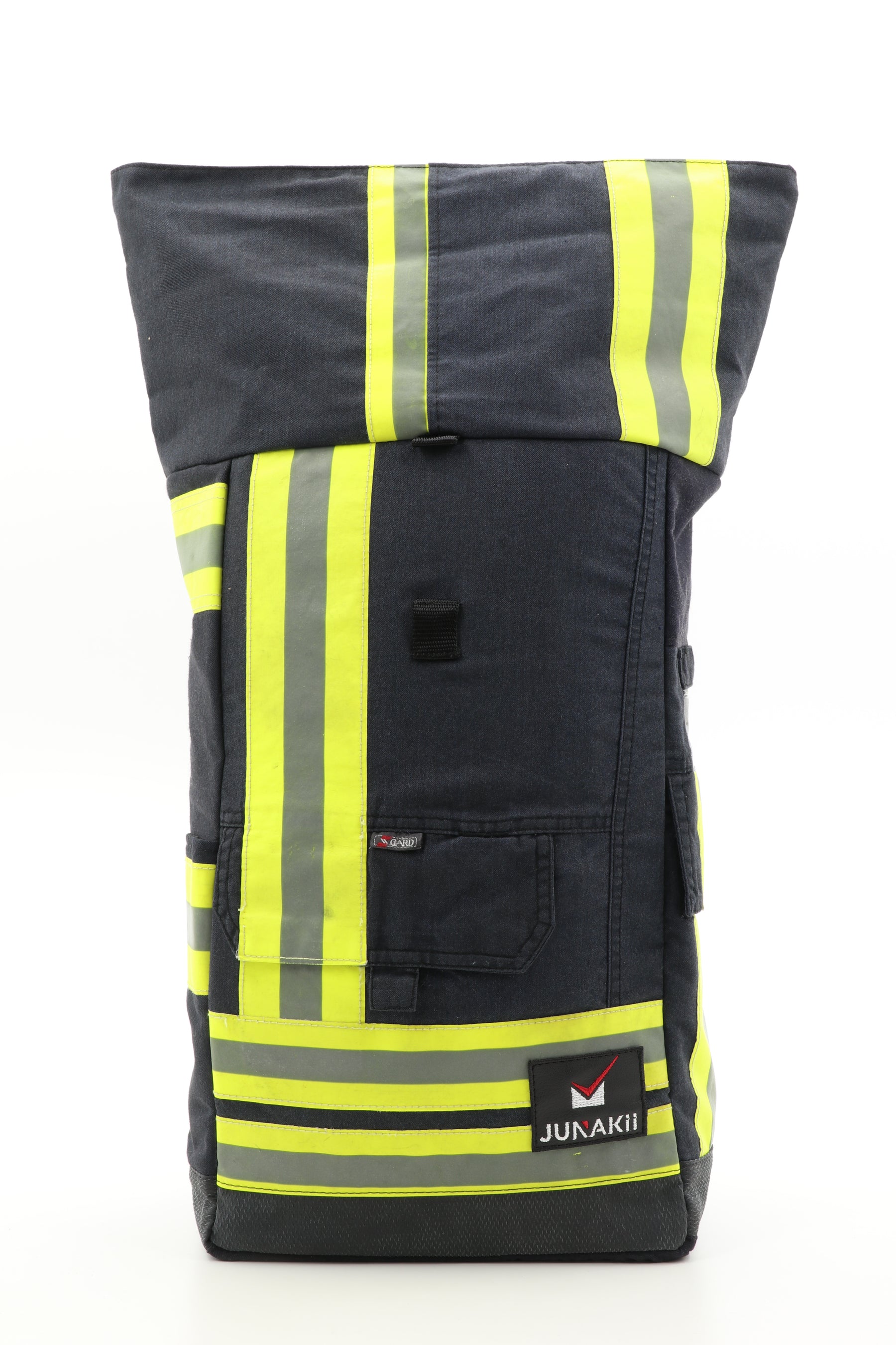 Rolltop Rucksack schwarz gelb aus upgecycelter Feuerwehrkleidung 63x27x17cm