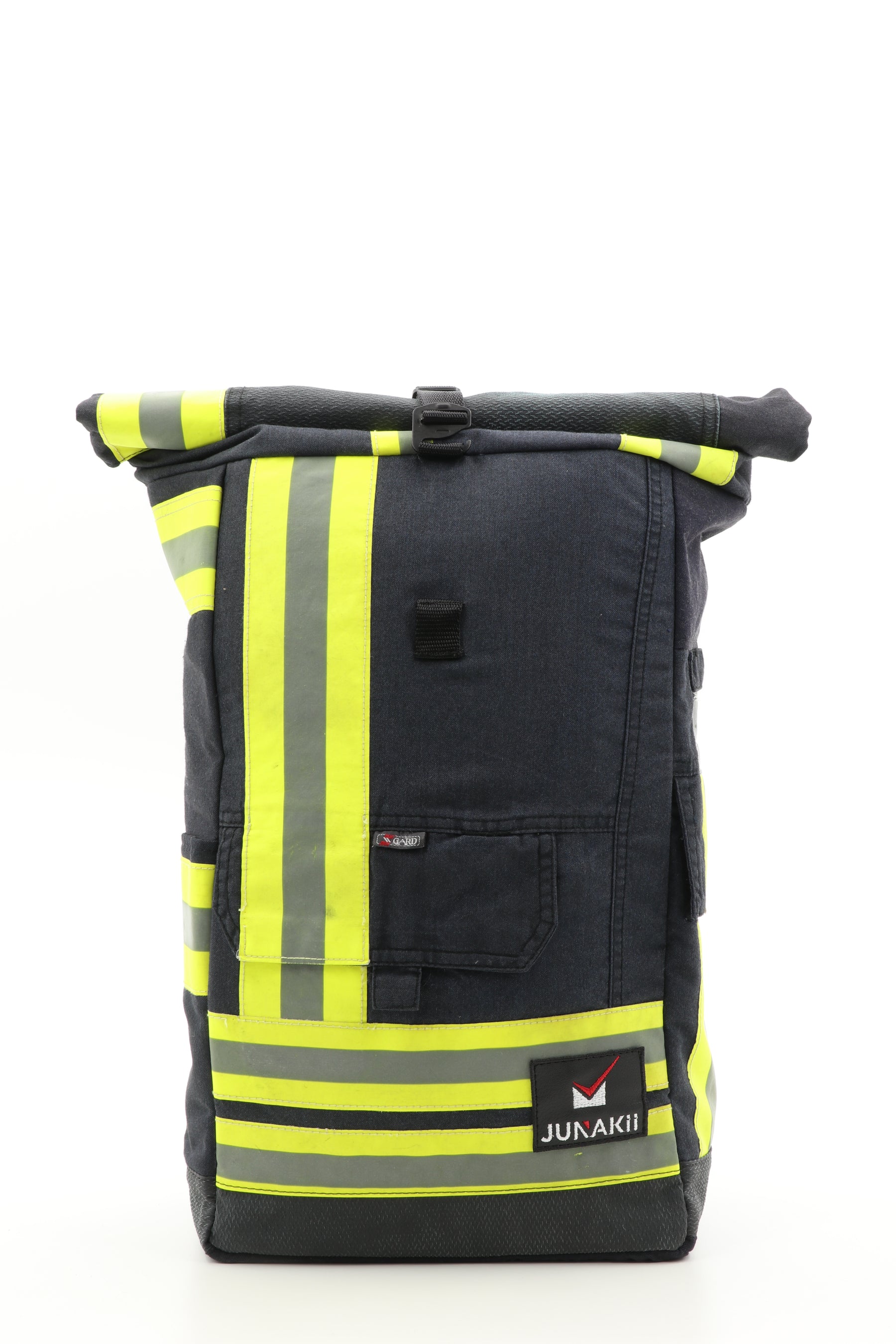Rolltop Rucksack schwarz gelb aus upgecycelter Feuerwehrkleidung 63x27x17cm