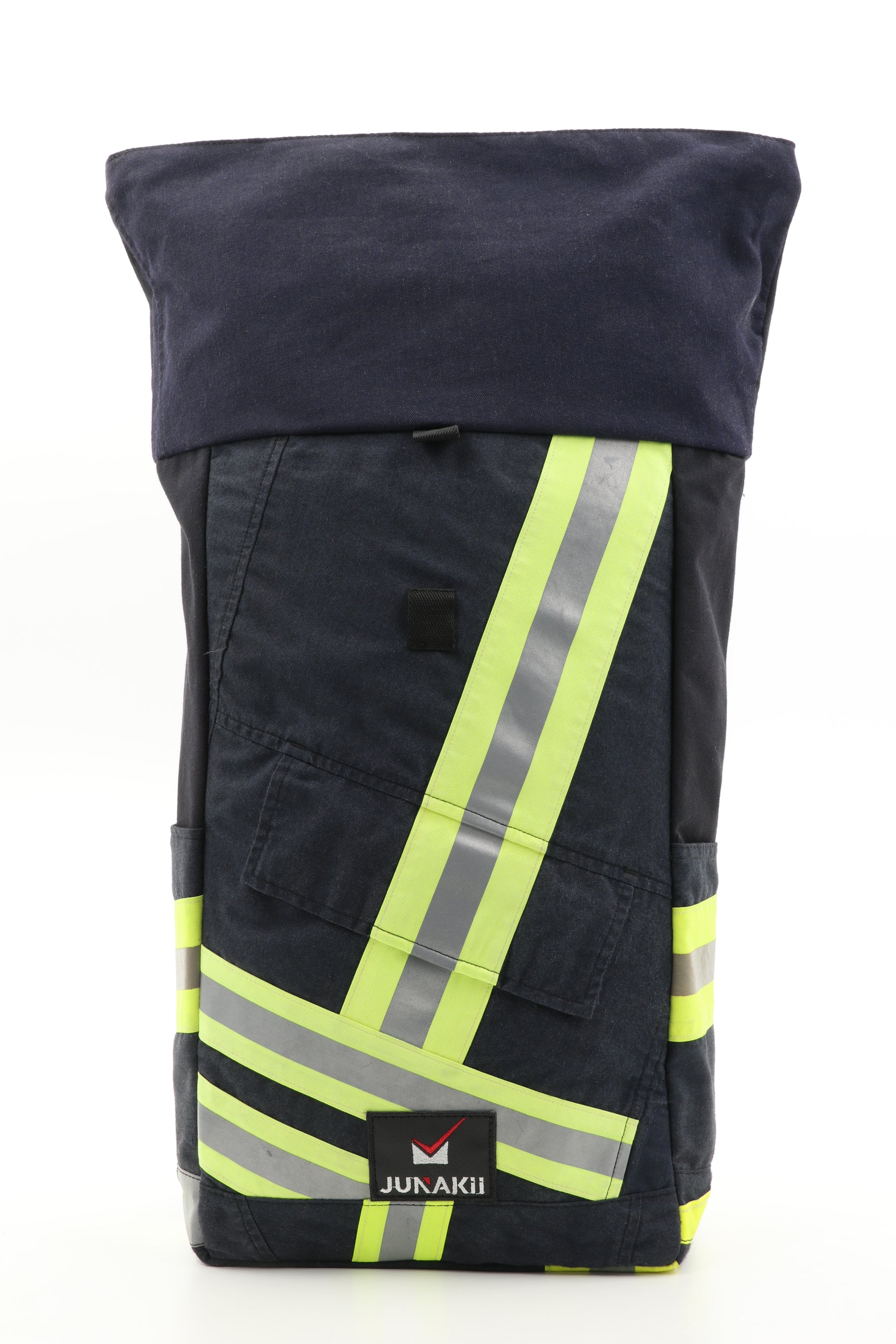Rolltop Rucksack schwarz gelb aus upgecycelter Feuerwehrkleidung 63x27x17cm