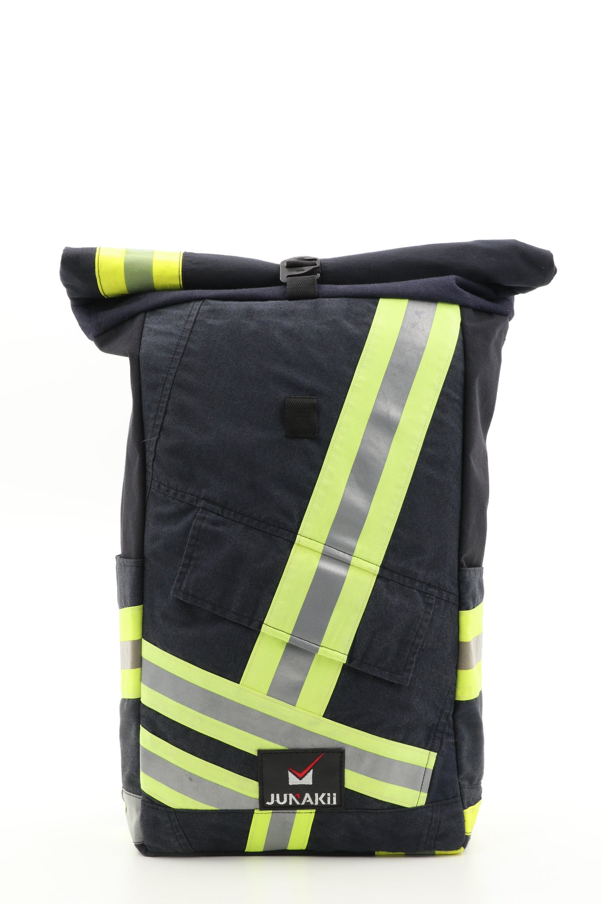 Rolltop Rucksack schwarz gelb aus upgecycelter Feuerwehrkleidung 63x27x17cm
