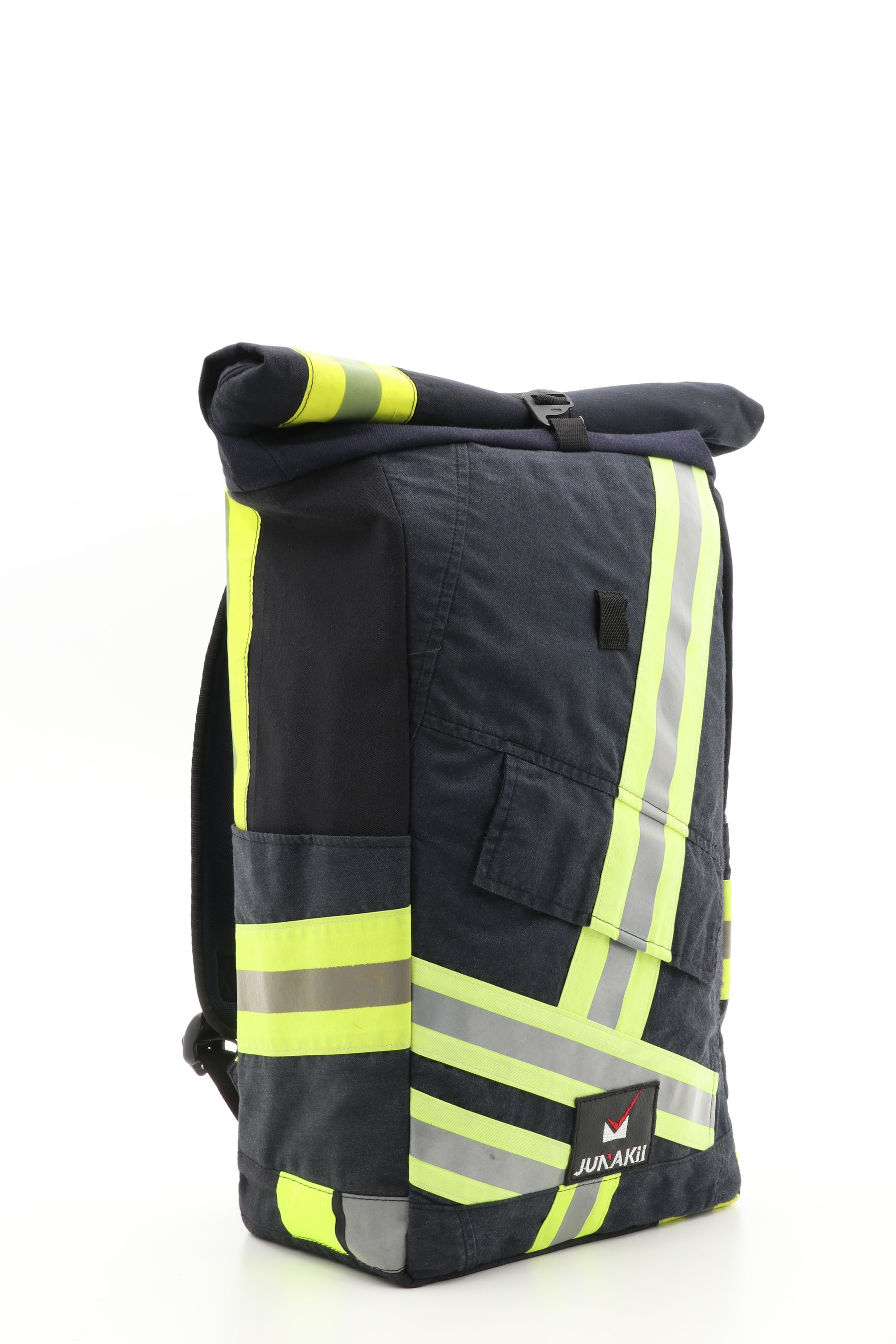 Rolltop Rucksack schwarz gelb aus upgecycelter Feuerwehrkleidung 63x27x17cm