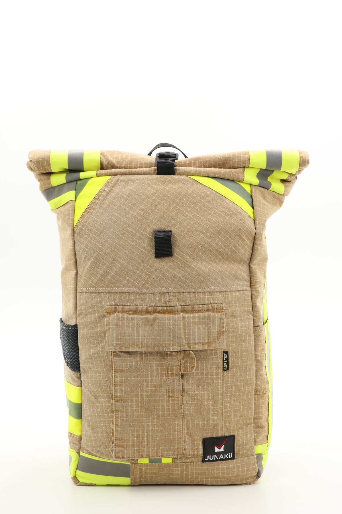 Rolltop Rucksack beige aus upgecycelter Feuerwehrkleidung 63x27x17cm