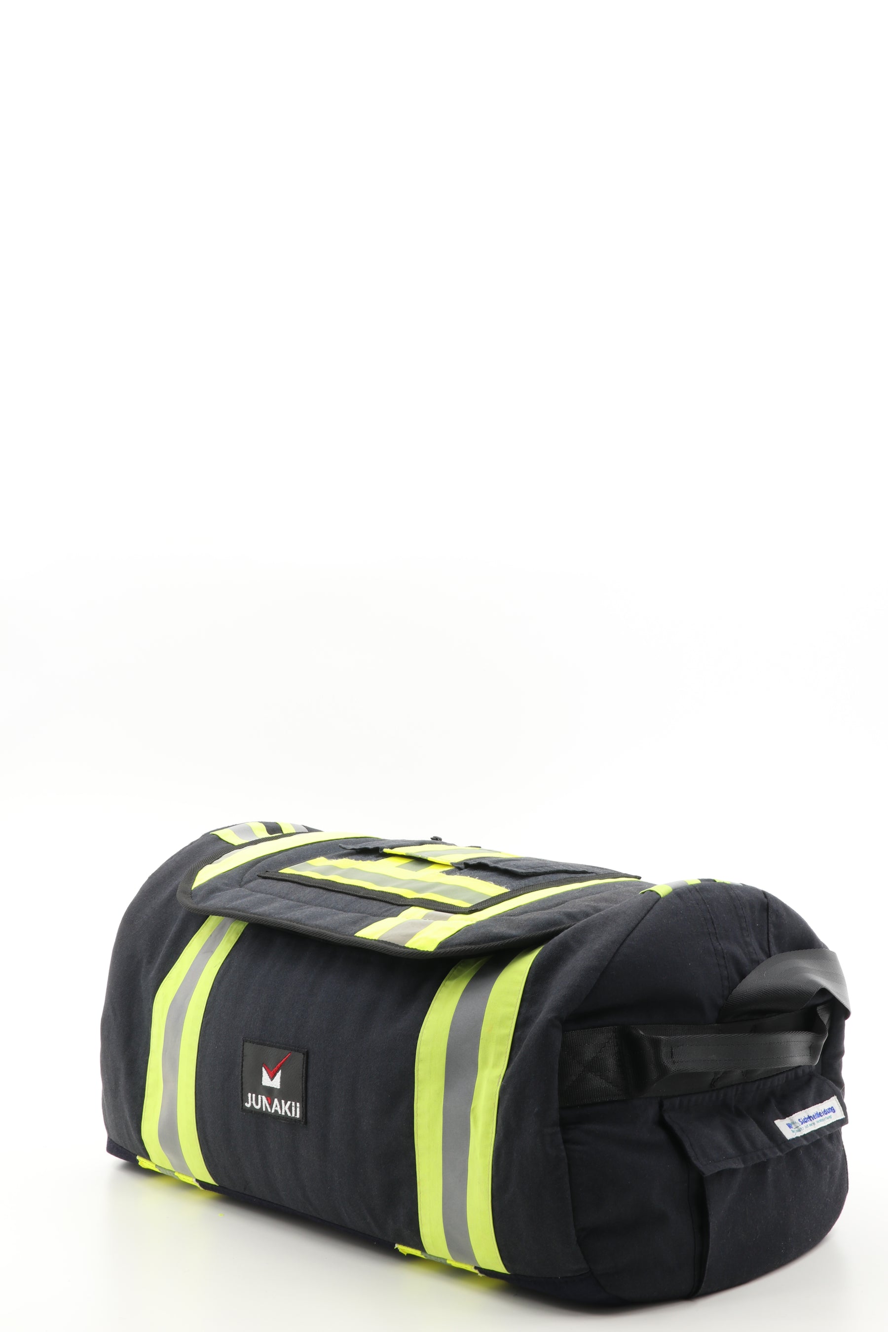 Duffel Bag schwarz gelb aus upgecycelter Feuerwehrkleidung 52x20x31cm