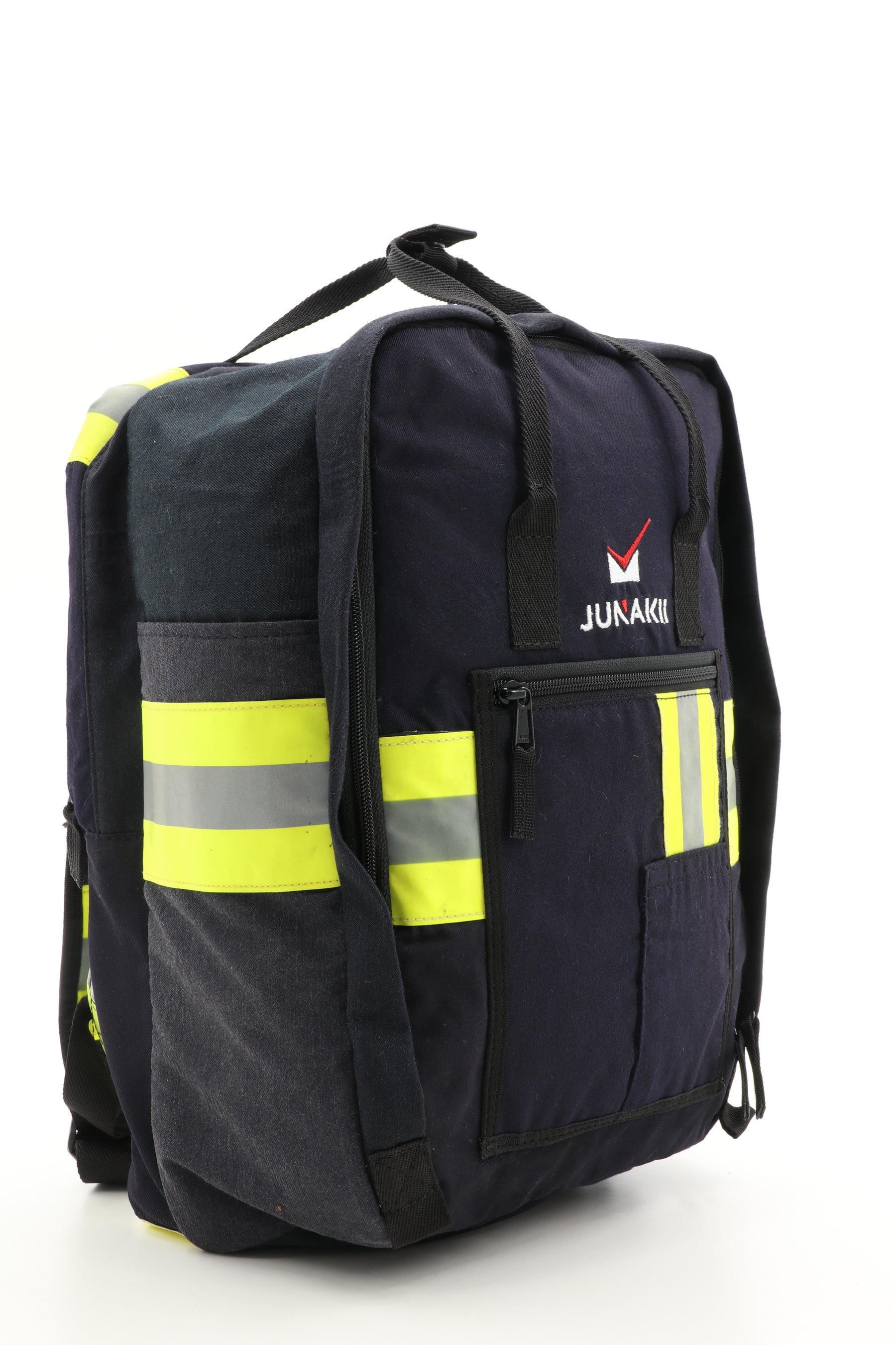 Laptop Rucksack schwarz gelb aus upgecycelter Feuerwehrkleidung 38x27x13cm