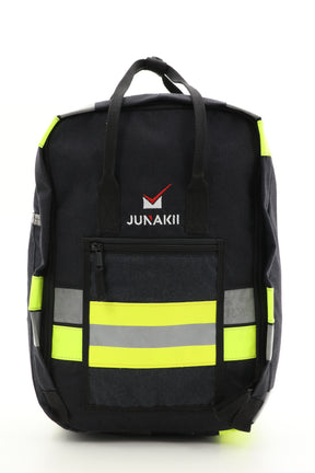 Laptop Rucksack schwarz gelb aus upgecycelter Feuerwehrkleidung 38x27x13cm