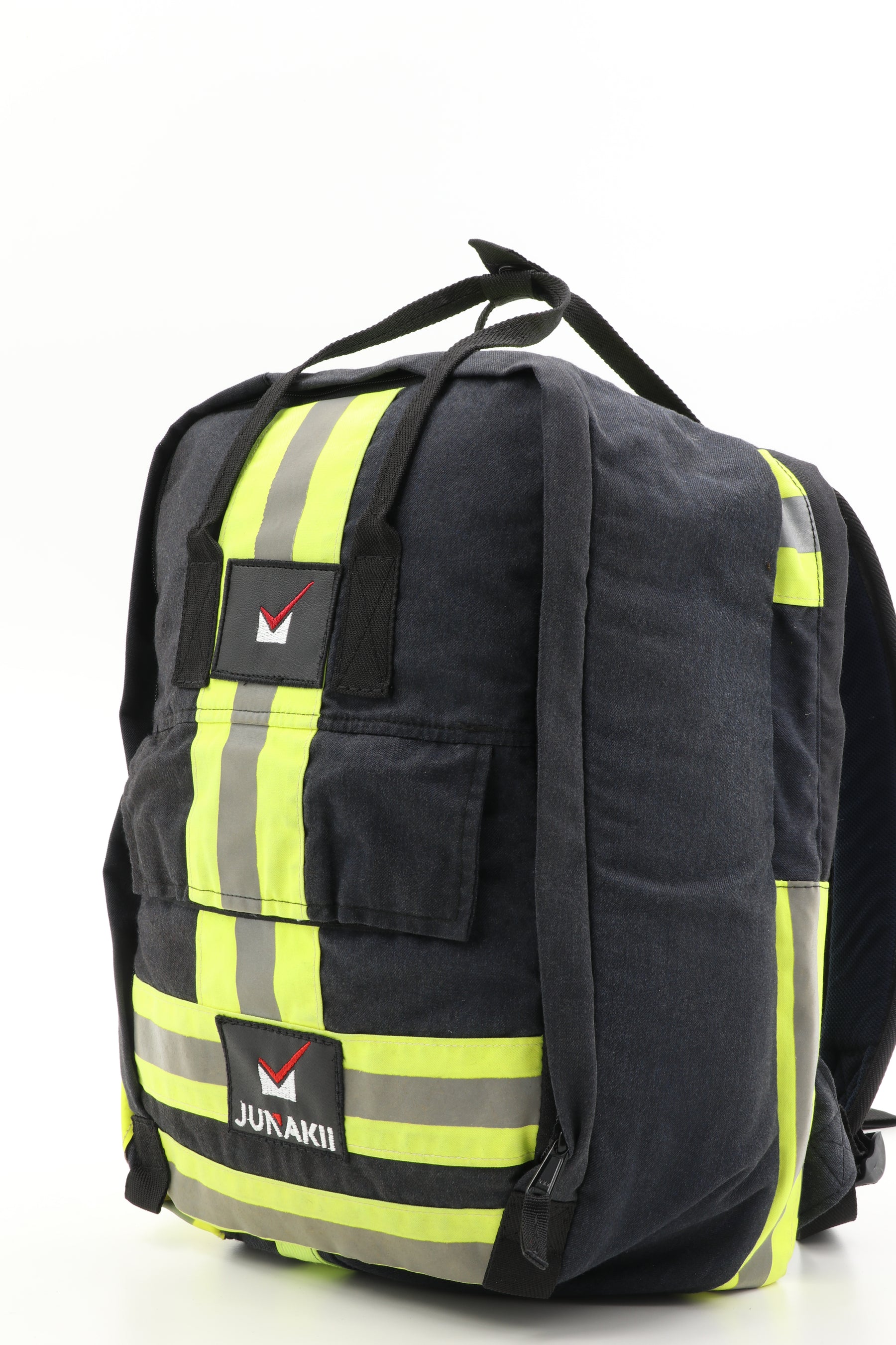 Laptop Rucksack schwarz gelb aus upgecycelter Feuerwehrkleidung 38x27x13cm