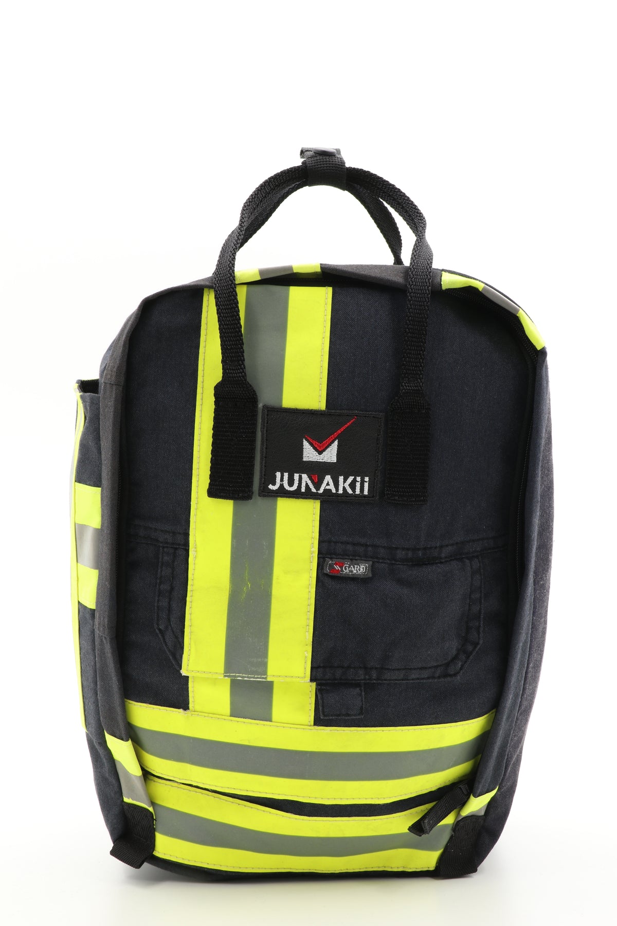 Laptop Rucksack schwarz gelb aus upgecycelter Feuerwehrkleidung 38x27x13cm