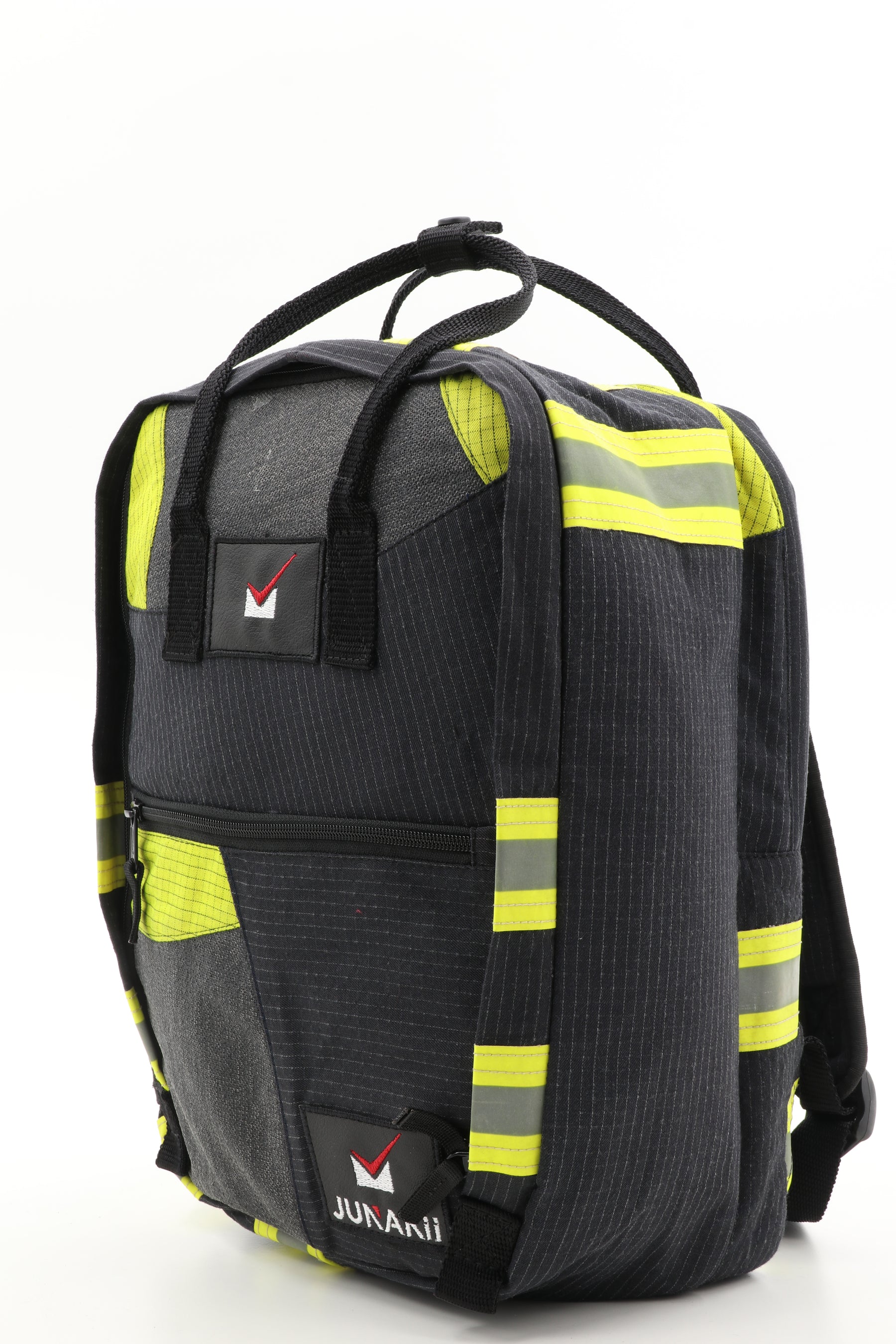 Laptop Rucksack schwarz gelb aus upgecycelter Feuerwehrkleidung 38x27x13cm
