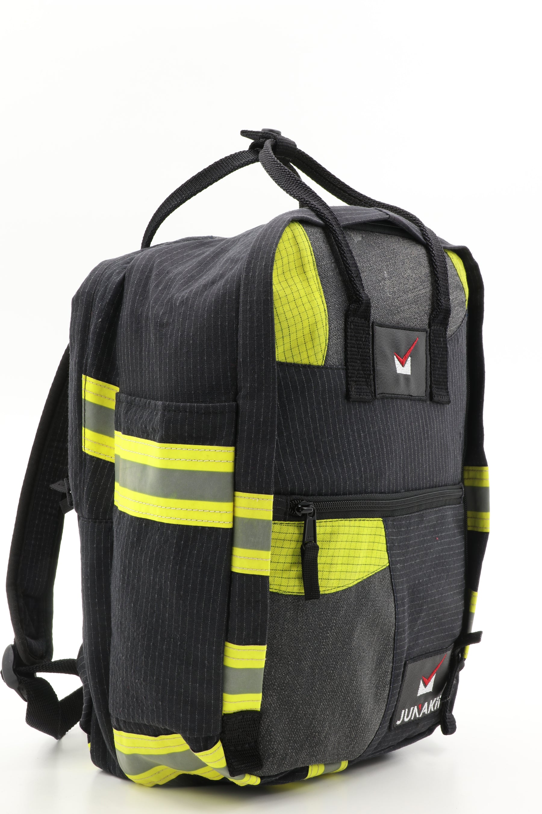 Laptop Rucksack schwarz gelb aus upgecycelter Feuerwehrkleidung 38x27x13cm