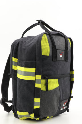 Laptop Rucksack schwarz gelb aus upgecycelter Feuerwehrkleidung 38x27x13cm