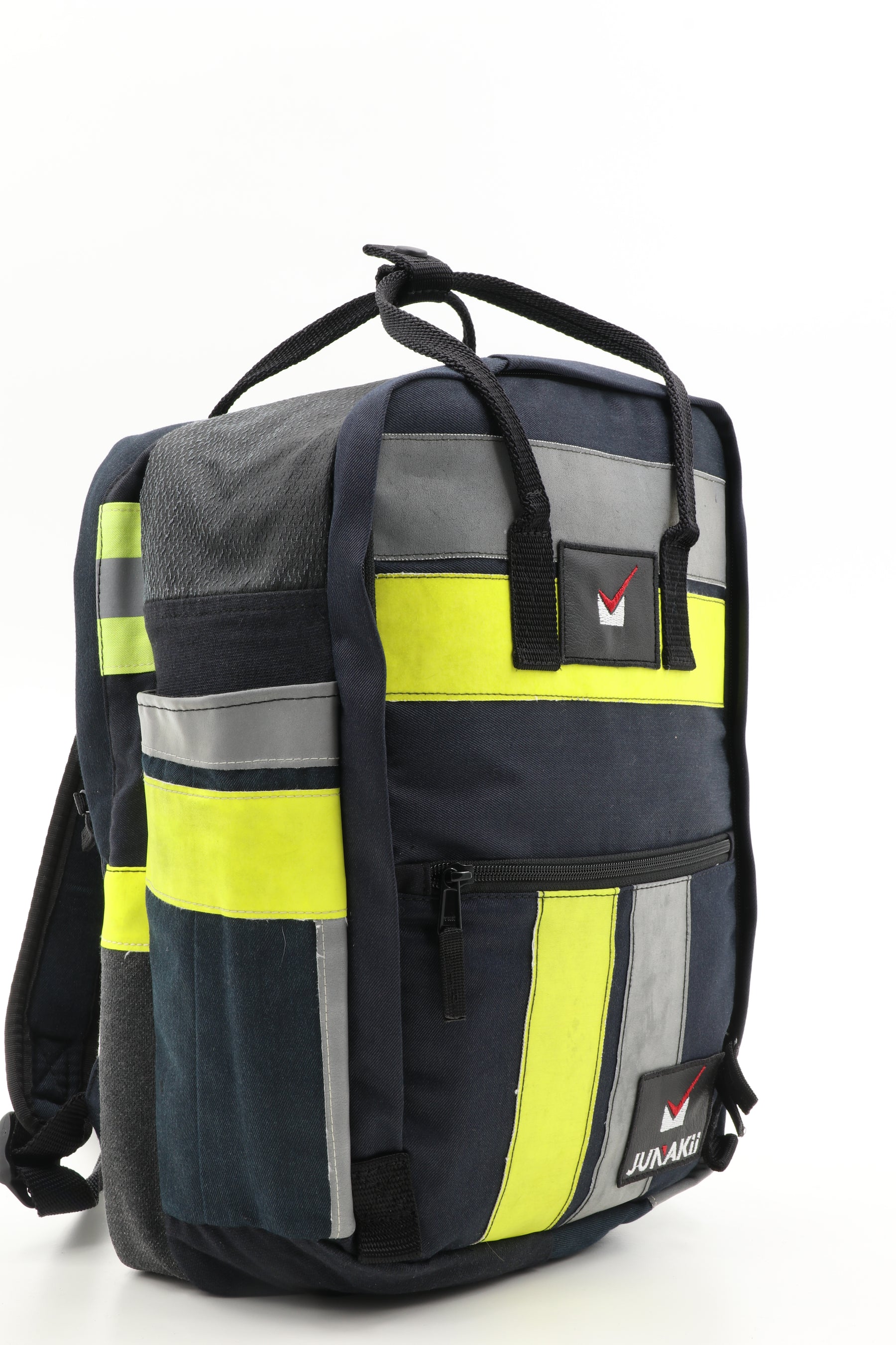 Laptop Rucksack schwarz gelb aus upgecycelter Feuerwehrkleidung 38x27x13cm