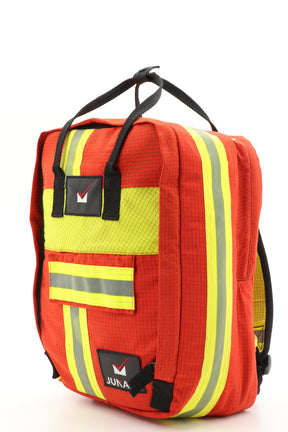 Laptop Rucksack rot gelb aus upgecycelter Feuerwehrkleidung 38x27x13cm