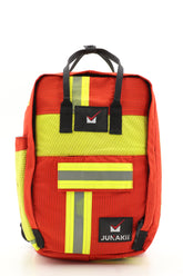 Laptop Rucksack rot gelb aus upgecycelter Feuerwehrkleidung 38x27x13cm