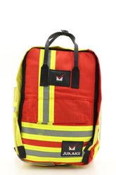 Laptop Rucksack rot gelb aus upgecycelter Feuerwehrkleidung 38x27x13cm
