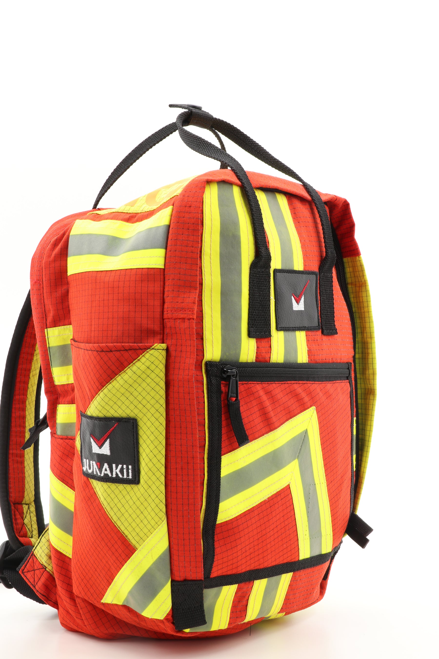 Laptop Rucksack rot gelb aus upgecycelter Feuerwehrkleidung 38x27x13cm