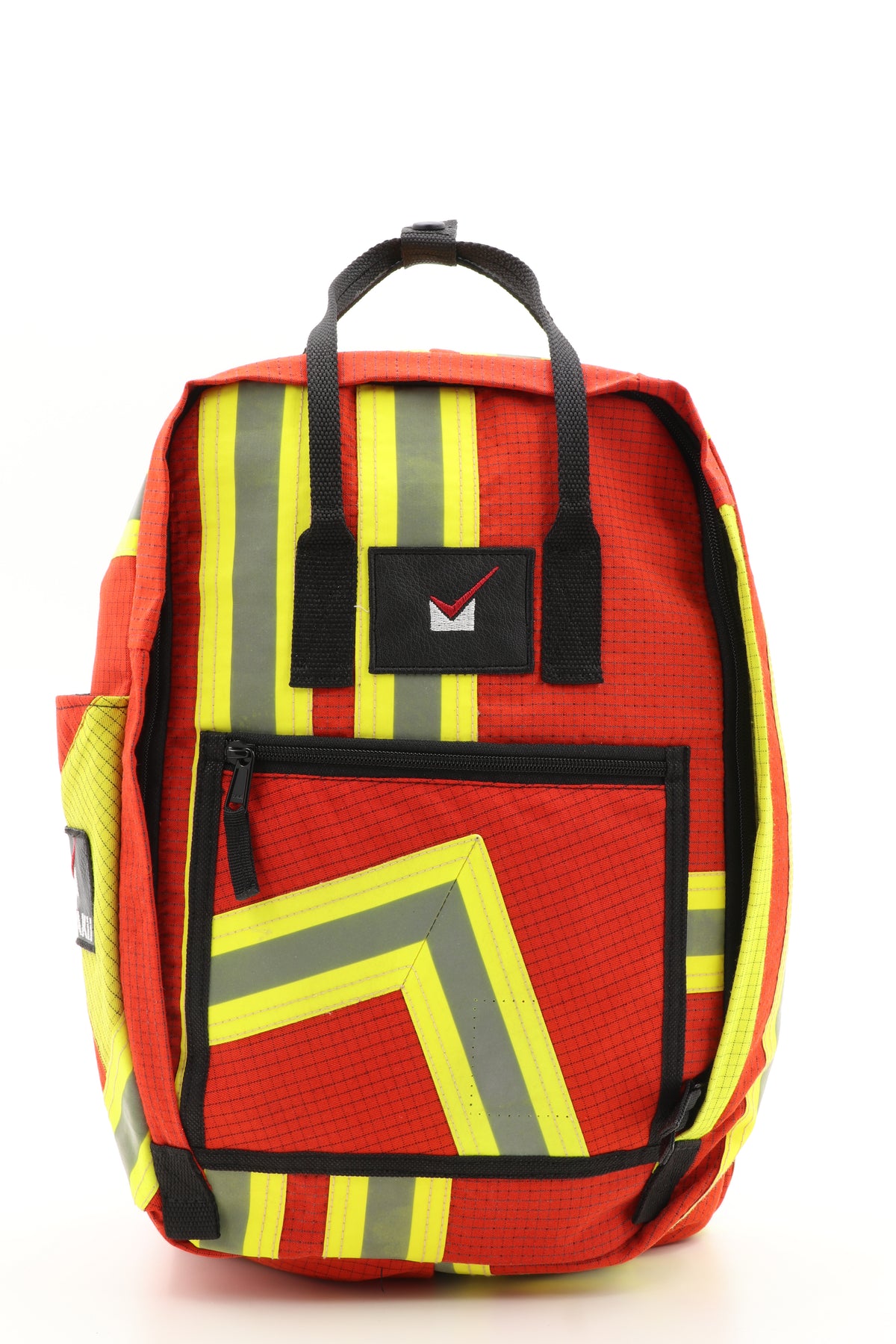 Laptop Rucksack rot gelb aus upgecycelter Feuerwehrkleidung 38x27x13cm