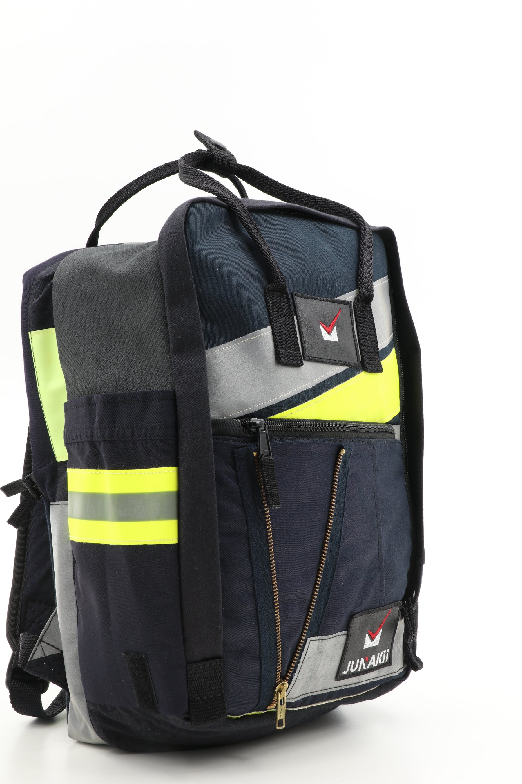 Laptop Rucksack schwarz gelb aus upgecycelter Feuerwehrkleidung 38x27x13cm
