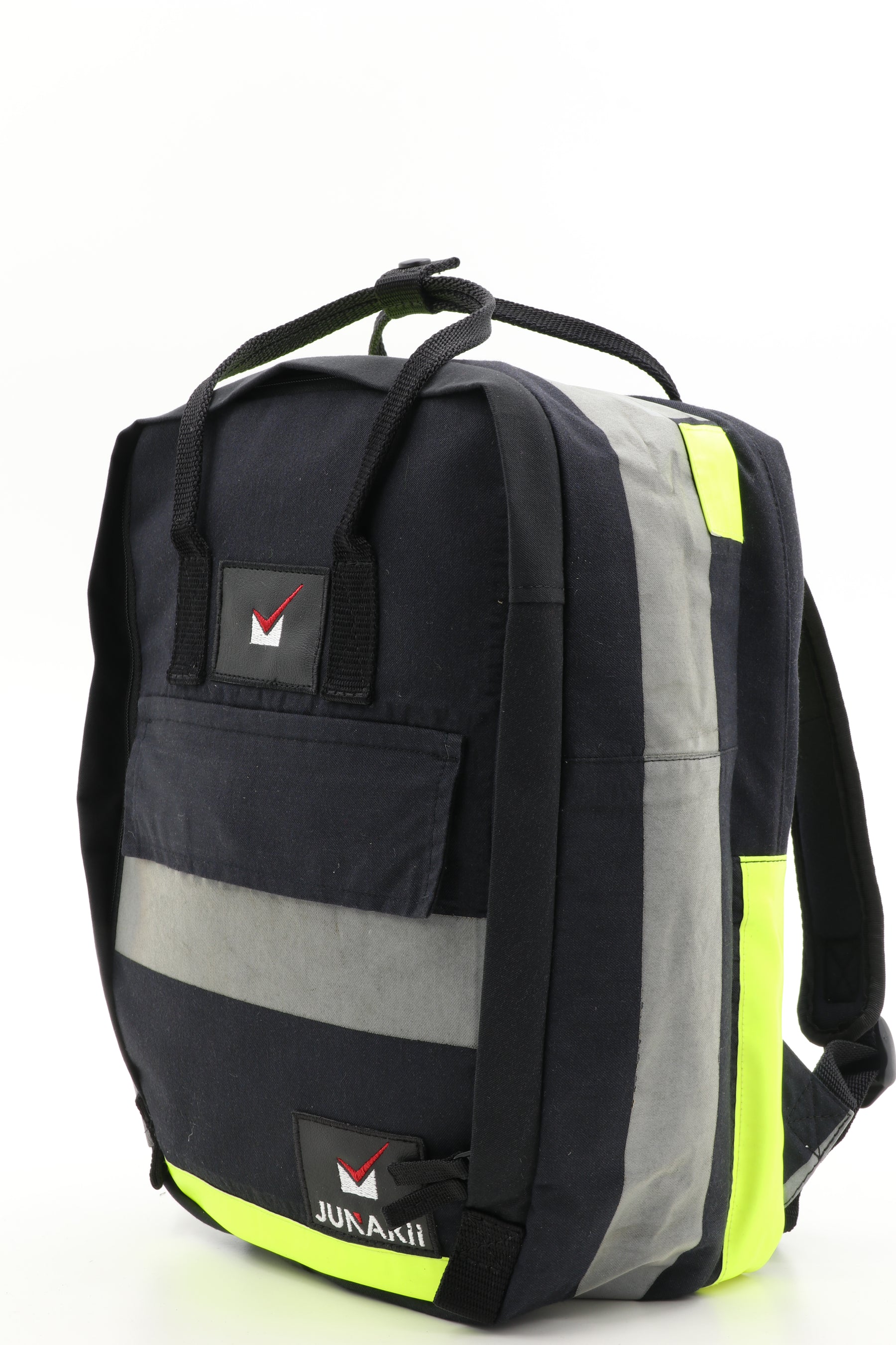 Laptop Rucksack schwarz gelb aus upgecycelter Feuerwehrkleidung 38x27x13cm