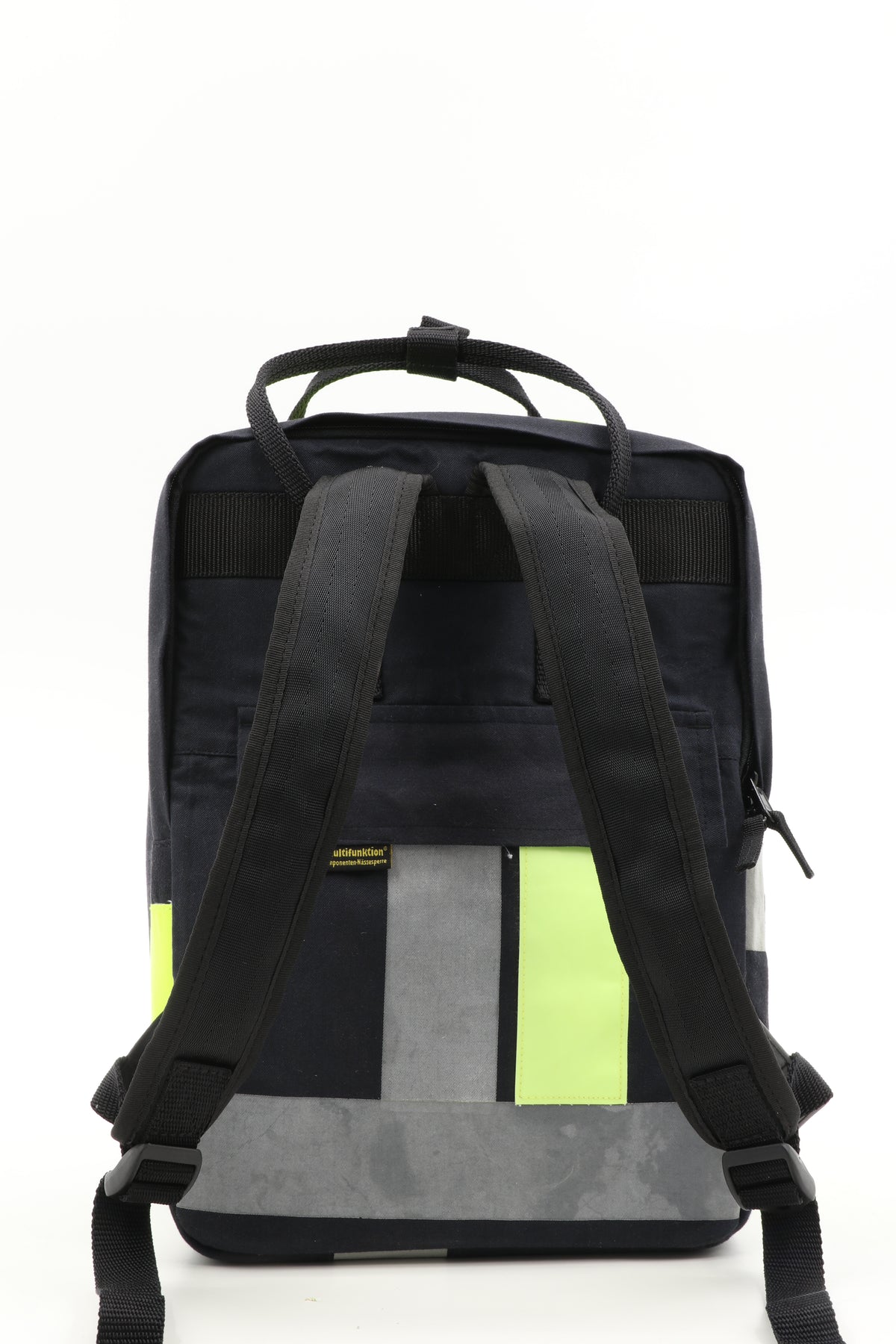 Laptop Rucksack schwarz gelb aus upgecycelter Feuerwehrkleidung 38x27x13cm