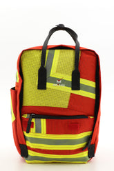 Laptop Rucksack rot gelb aus upgecycelter Feuerwehrkleidung 38x27x13cm
