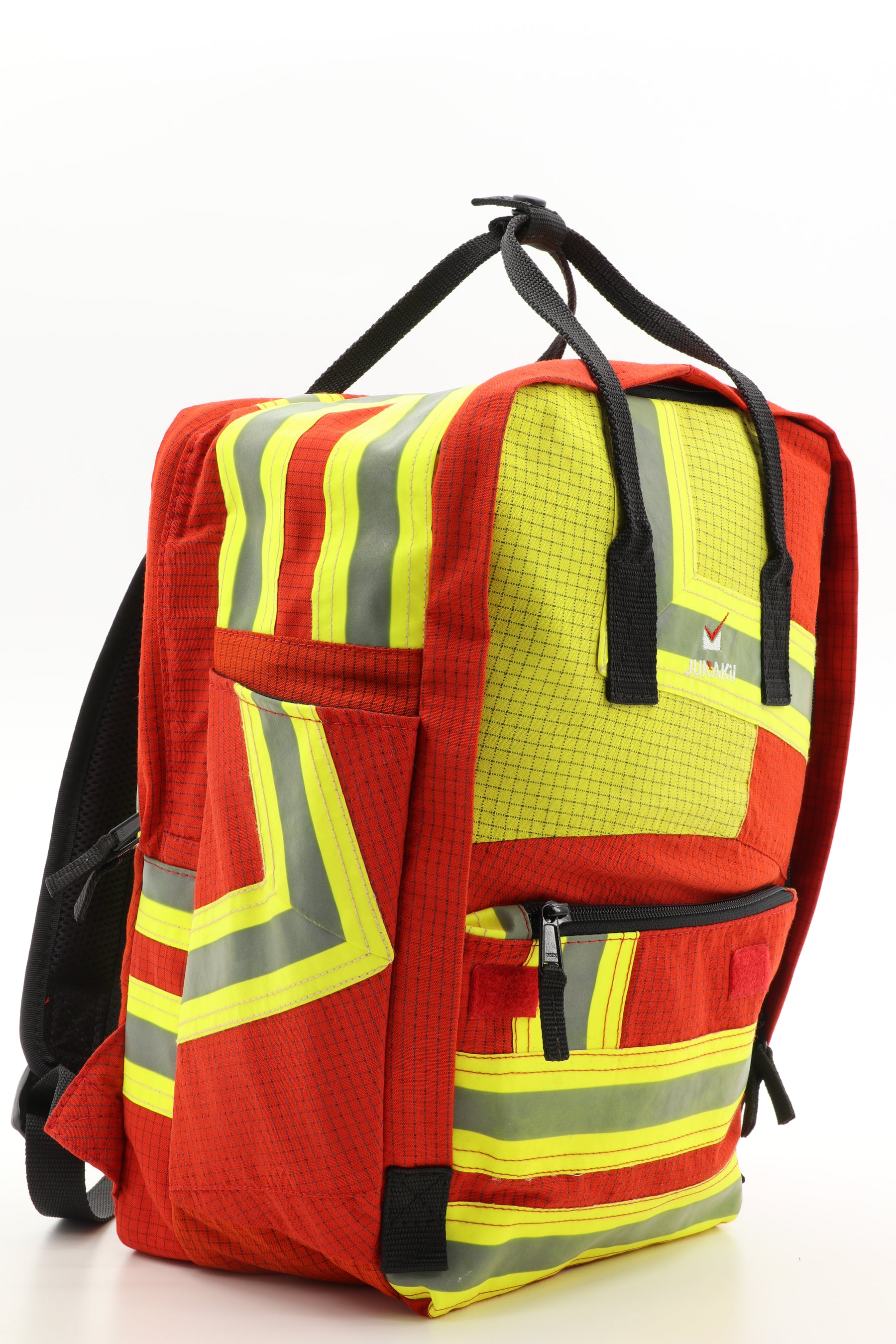 Laptop Rucksack rot gelb aus upgecycelter Feuerwehrkleidung 38x27x13cm