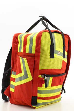 Laptop Rucksack rot gelb aus upgecycelter Feuerwehrkleidung 38x27x13cm