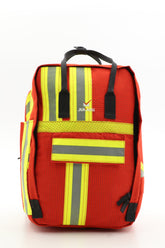 Laptop Rucksack rot gelb aus upgecycelter Feuerwehrkleidung 38x27x13cm