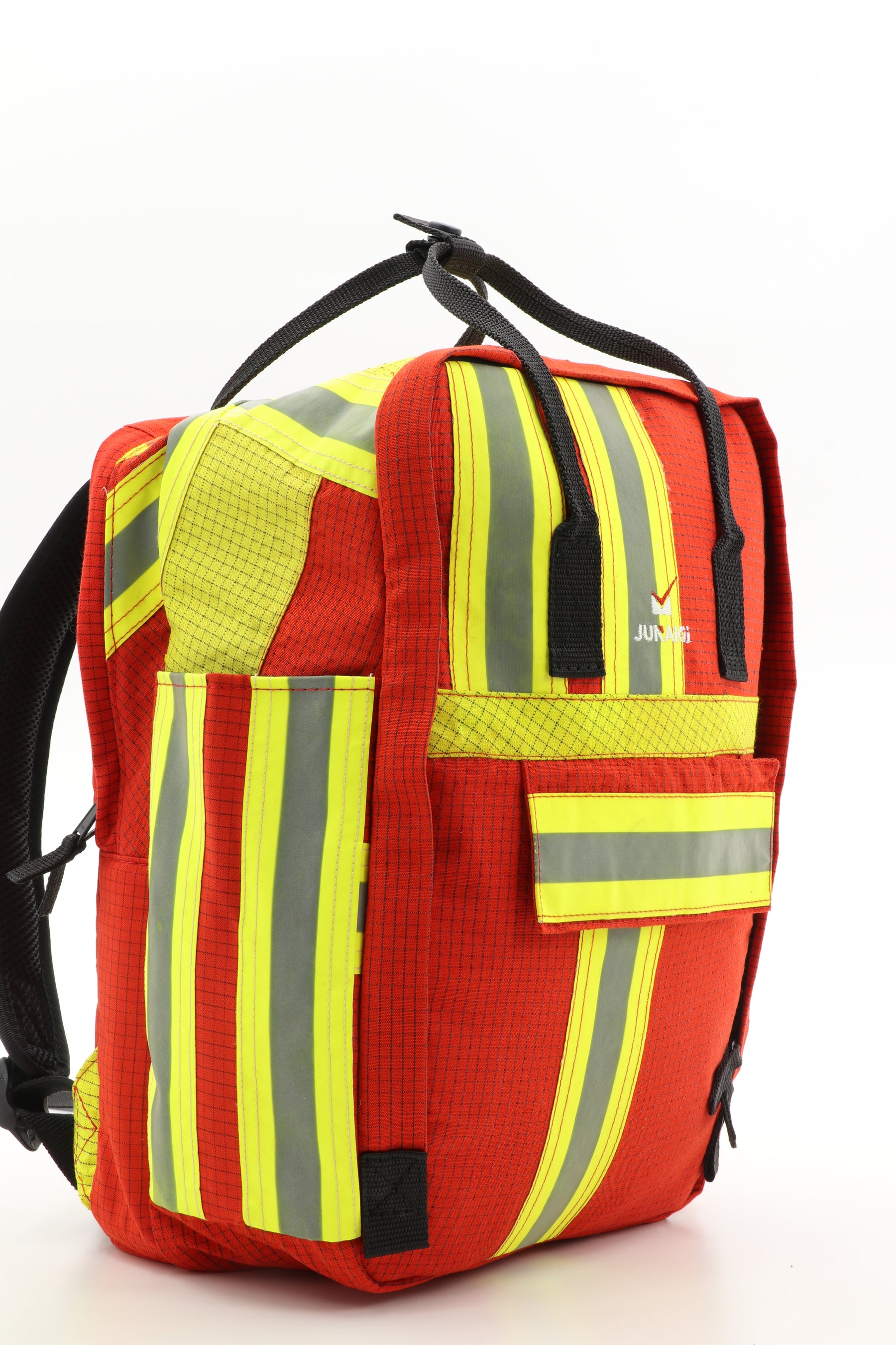 Laptop Rucksack rot gelb aus upgecycelter Feuerwehrkleidung 38x27x13cm