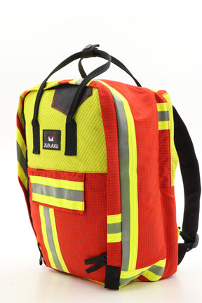 Laptop Rucksack rot gelb aus upgecycelter Feuerwehrkleidung 38x27x13cm