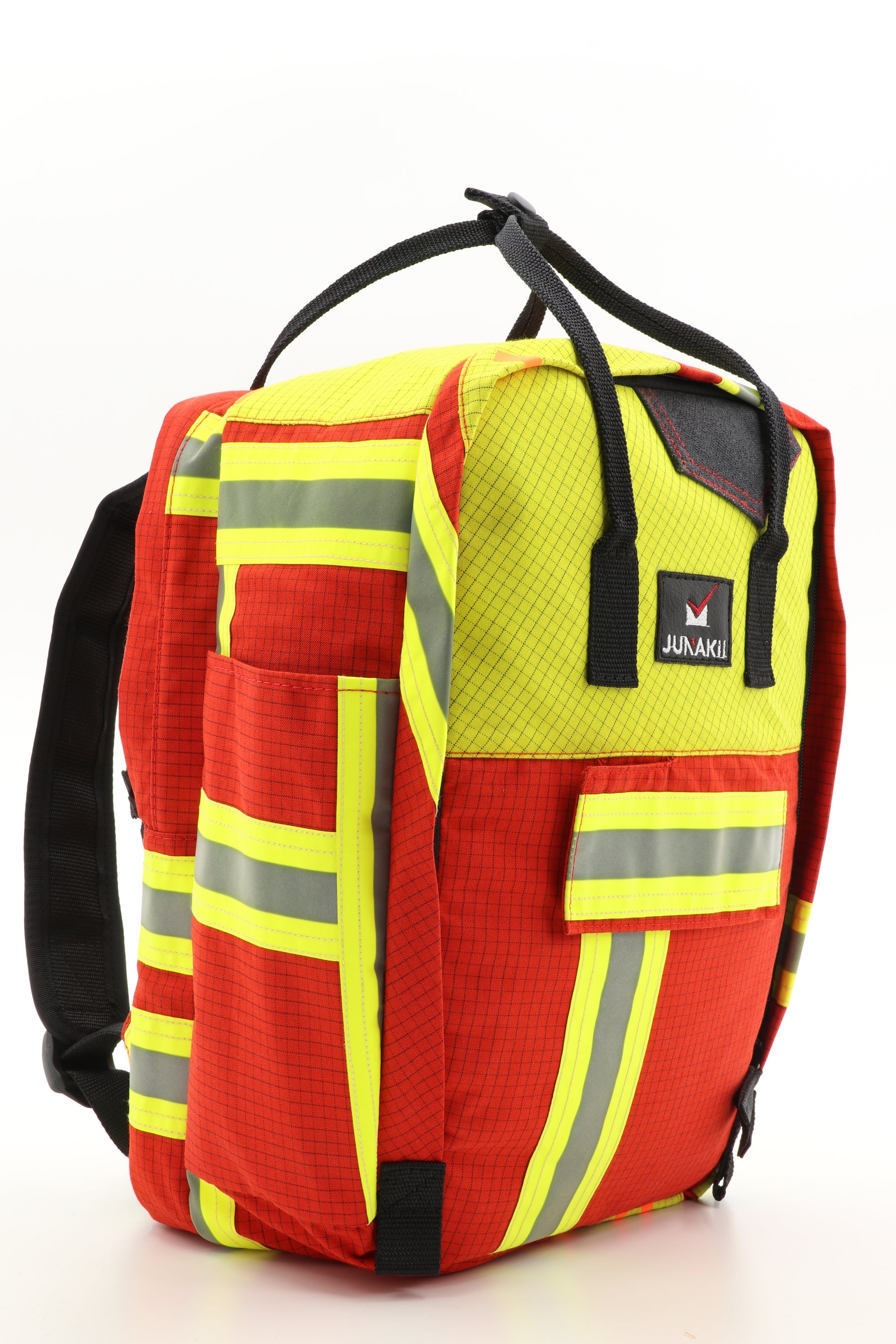 Laptop Rucksack rot gelb aus upgecycelter Feuerwehrkleidung 38x27x13cm