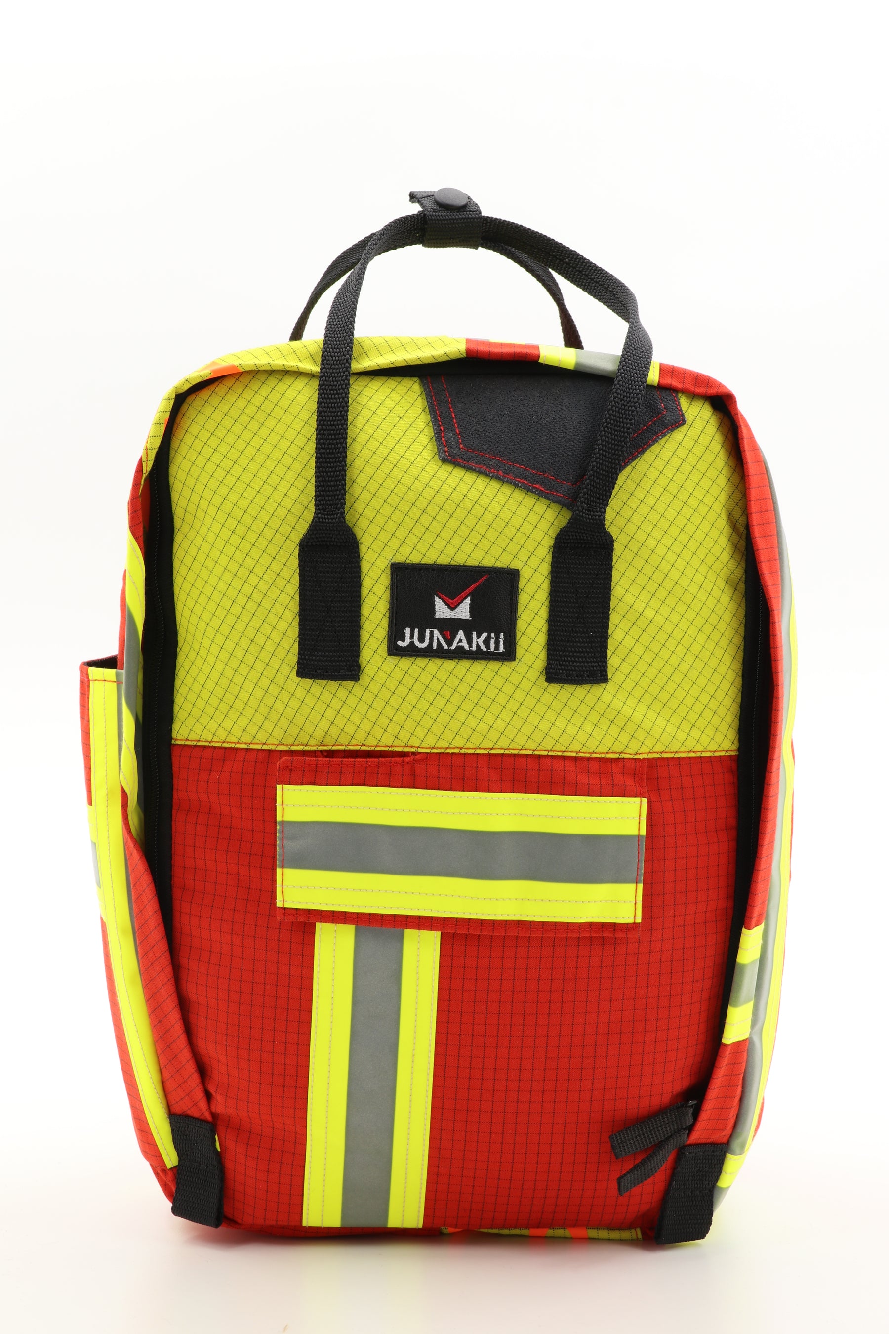 Laptop Rucksack rot gelb aus upgecycelter Feuerwehrkleidung 38x27x13cm