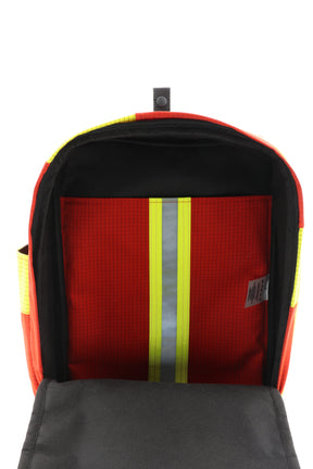Laptop Rucksack rot gelb aus upgecycelter Feuerwehrkleidung 38x27x13cm