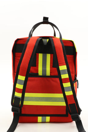 Laptop Rucksack rot gelb aus upgecycelter Feuerwehrkleidung 38x27x13cm