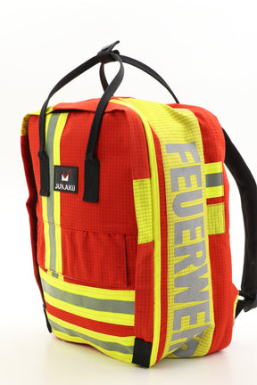 Laptop Rucksack rot gelb aus upgecycelter Feuerwehrkleidung 38x27x13cm