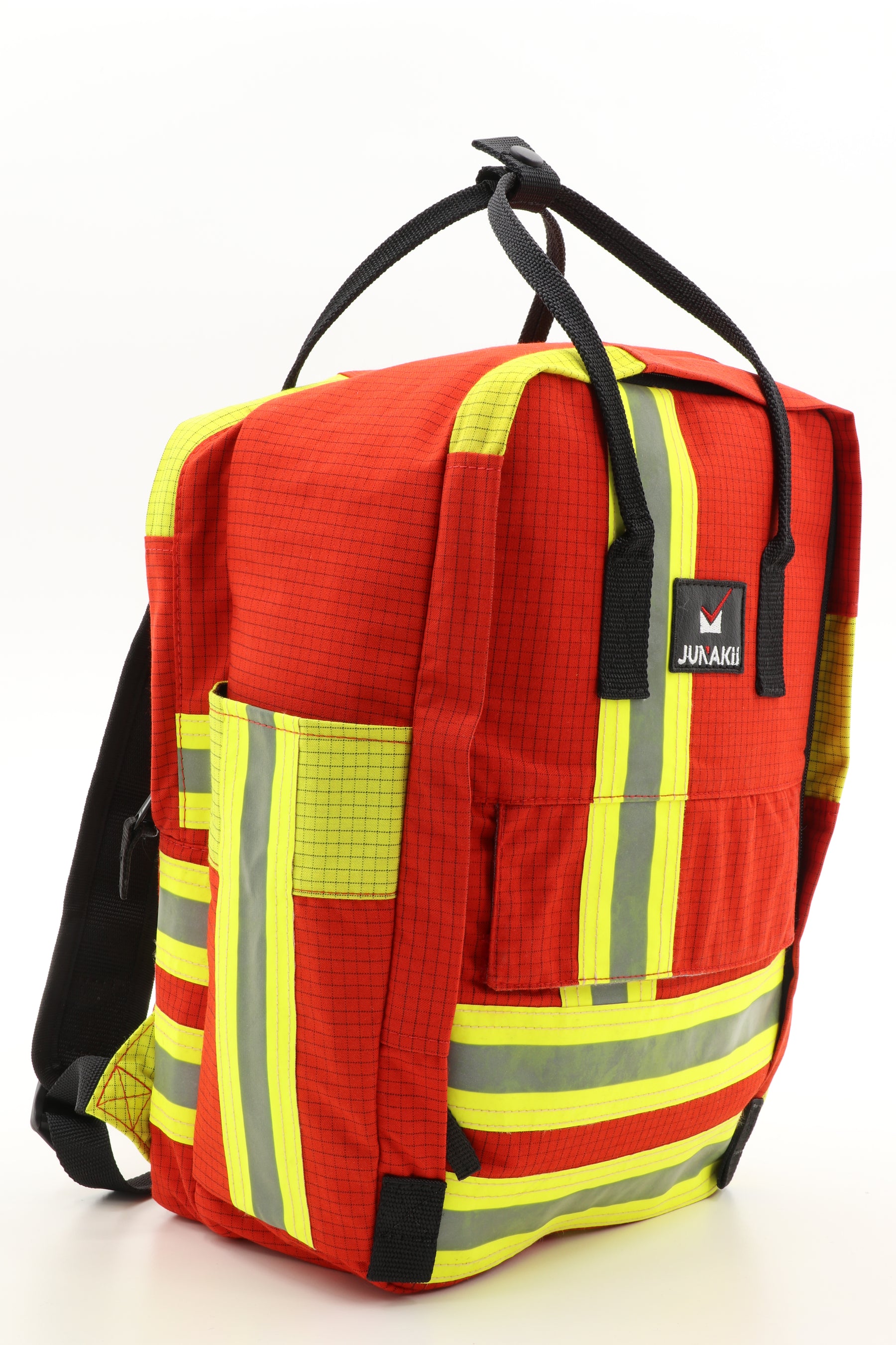 Laptop Rucksack rot gelb aus upgecycelter Feuerwehrkleidung 38x27x13cm